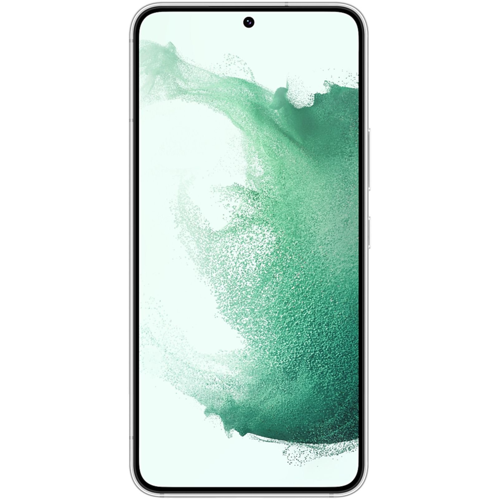 Een smartphone, zilveren frame, zwart scherm met een groen en wit patroon.