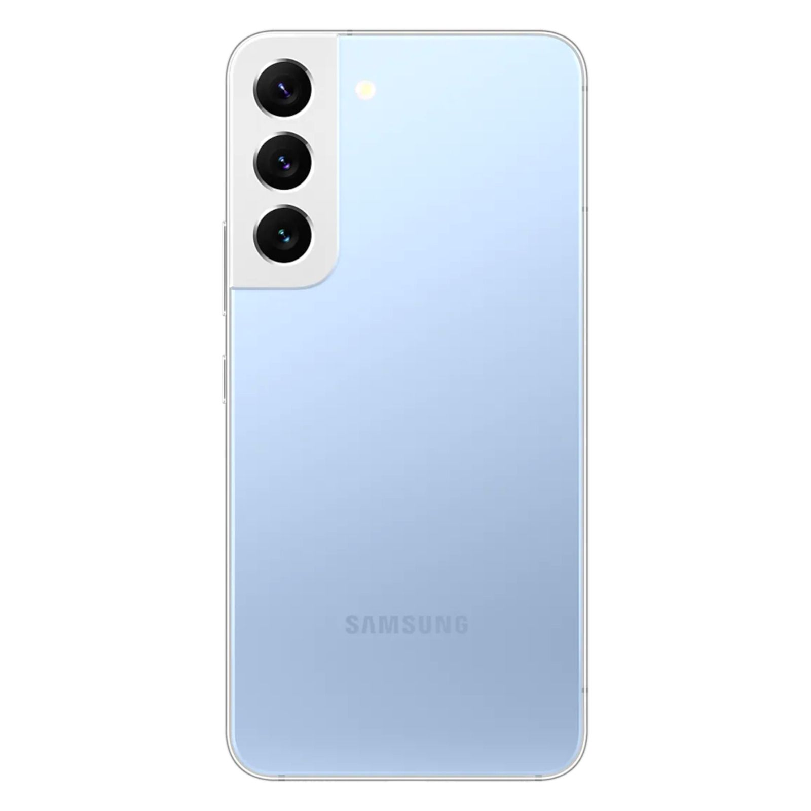Lichtblauwe Samsung-telefoon, achteraanzicht. Drie camera's achteraan. Het Samsung-logo staat onderaan, een flitser bovenaan.