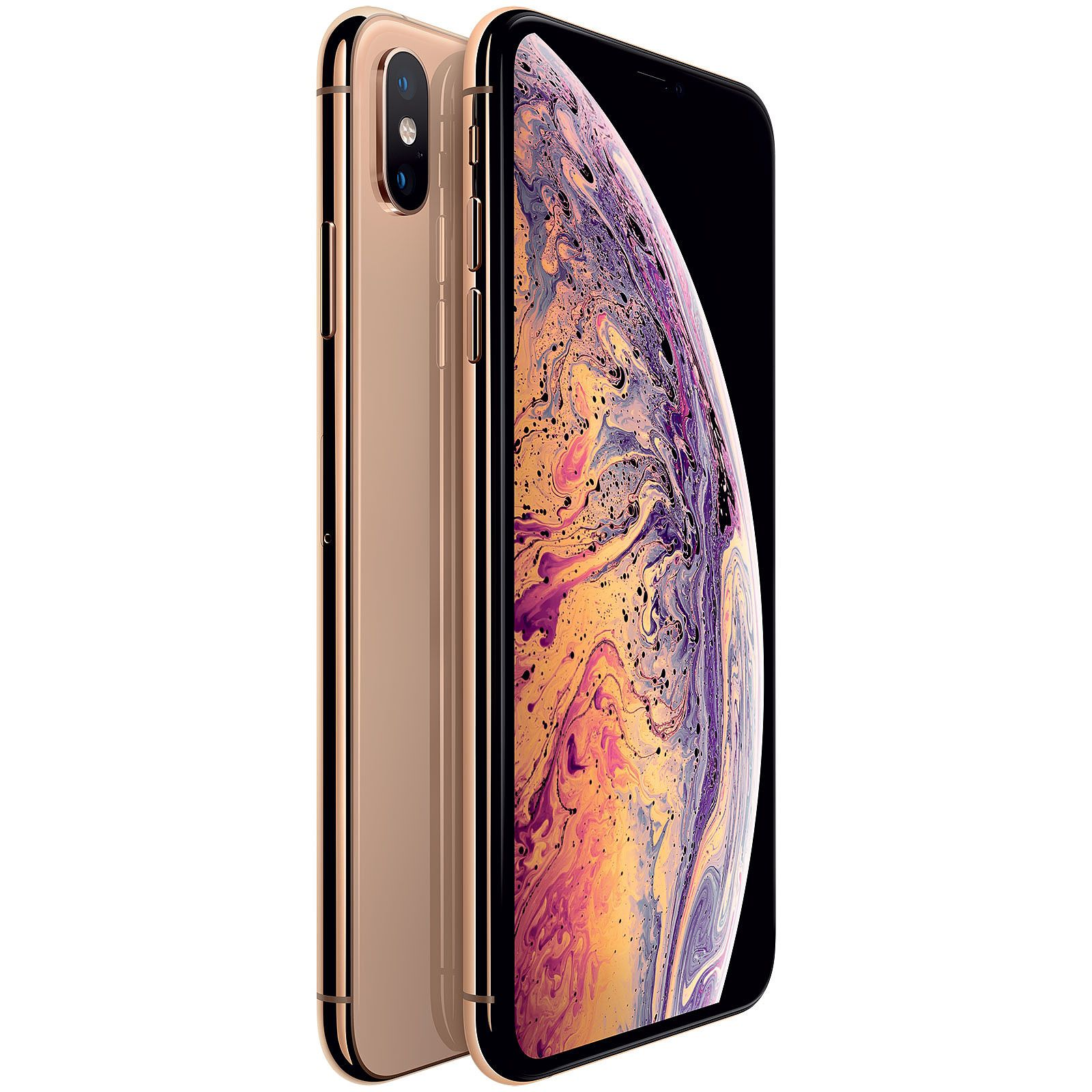 Goldenes iPhone XS mit eingeschaltetem Bildschirm und ein weiteres iPhone XS daneben.