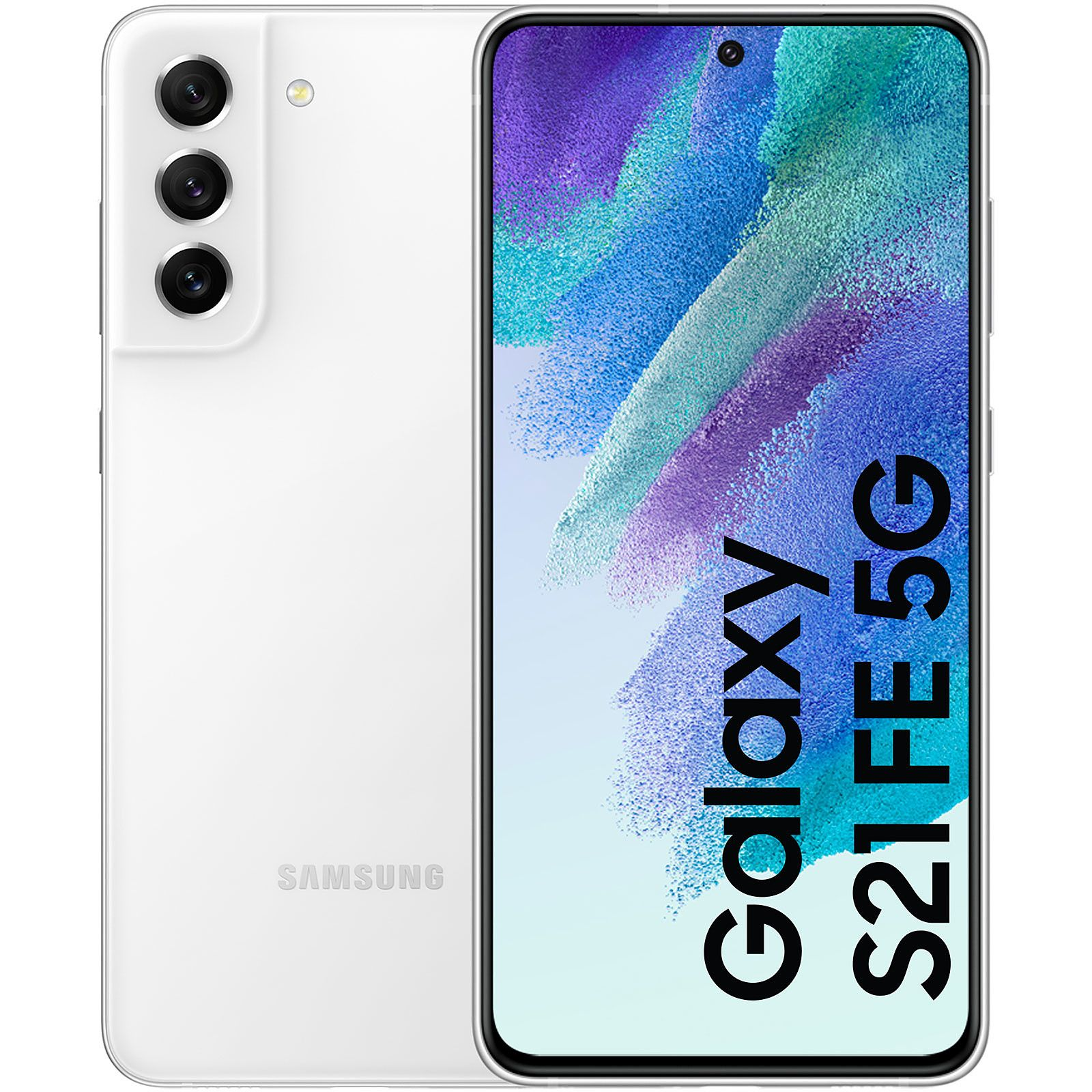 Biały telefon Samsung Galaxy S21 FE 5G, widok z boku i z tyłu, z trzema tylnymi aparatami.