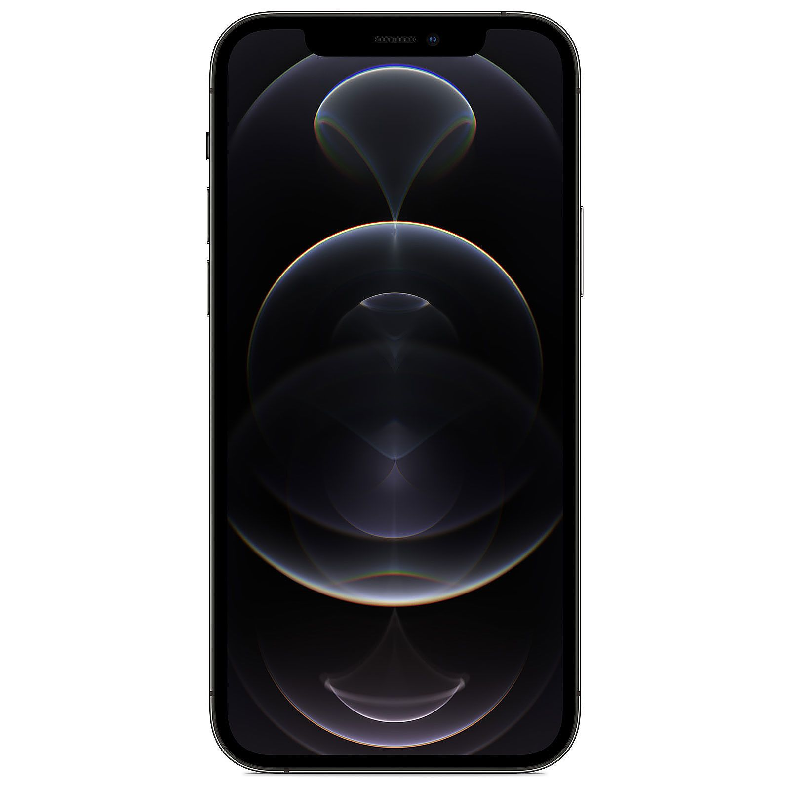 Czarny iPhone wyświetlający ciemną abstrakcyjną tapetę z odbiciami światła.