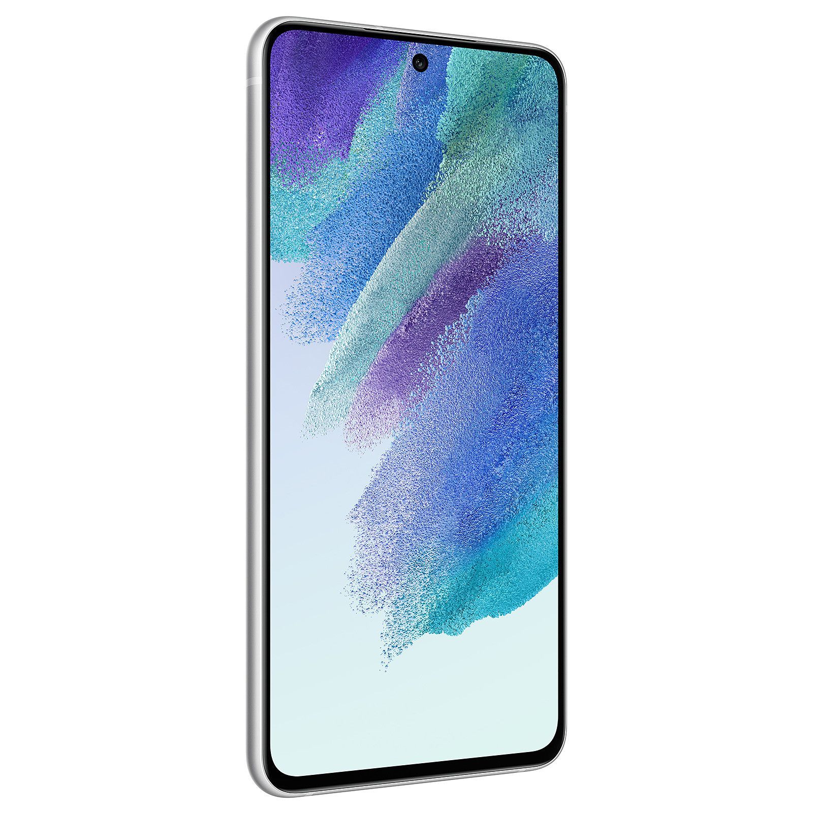 Smartfon z ekranem wyświetlającym odcienie niebieskiego i zielonego jest wyświetlany pod kątem.