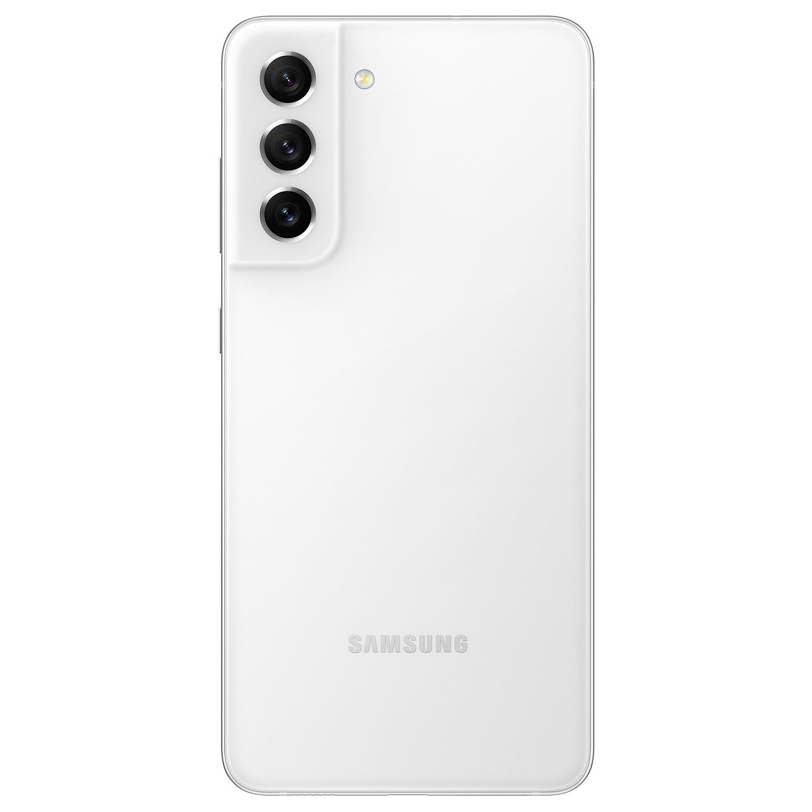 Biały smartfon z trzema aparatami z tyłu. Logo Samsung jest widoczne na dole.