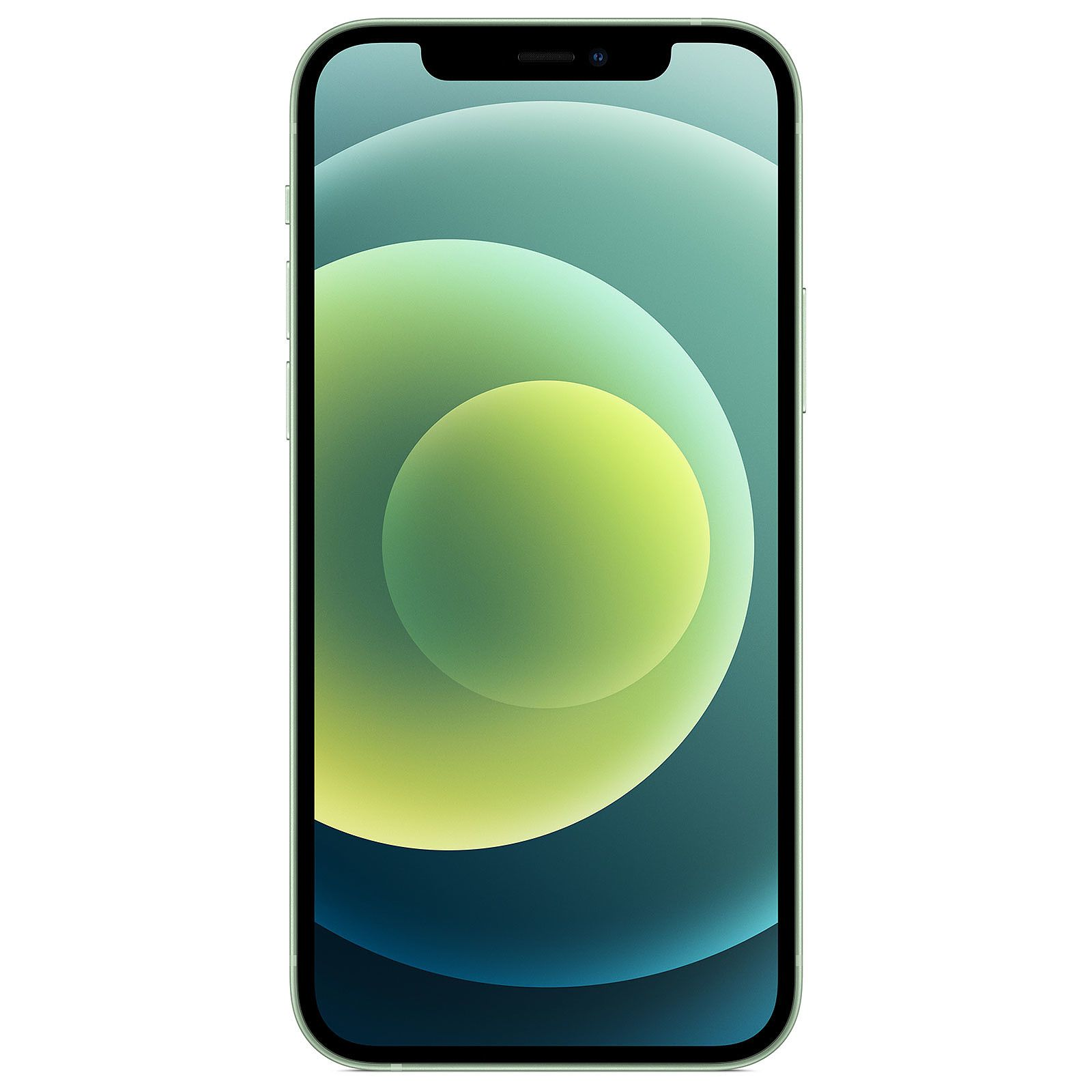Un iPhone verde che mostra lo schermo con una sfumatura verde e blu, isolato su sfondo bianco.