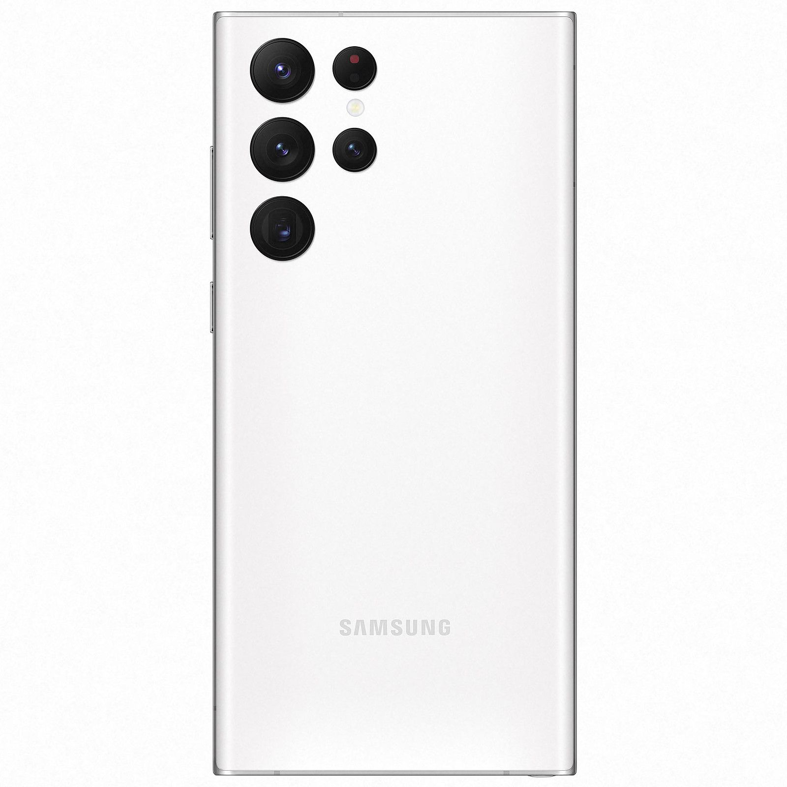 Die Rückseite eines weißen Samsung Galaxy-Telefons mit mehreren Kameralinsen.
