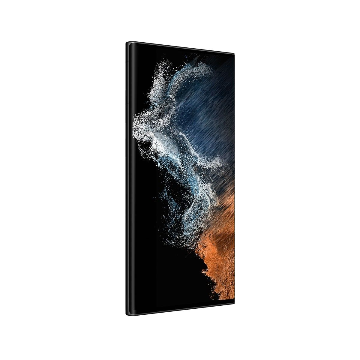 Un smartphone avec un écran noir. Le téléphone est grand et fin, avec un design dégradé bleu et orange.