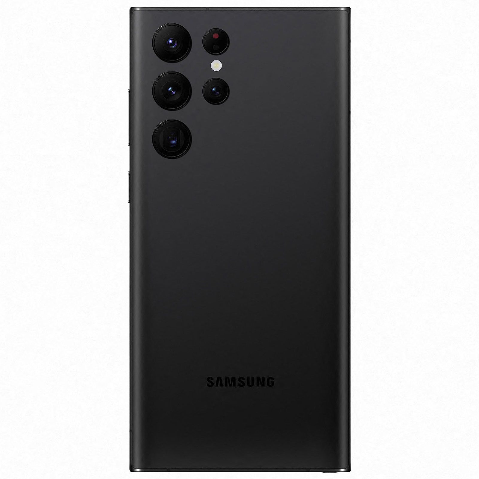 Arrière d'un téléphone Samsung noir. La matrice de la caméra et le logo Samsung sont visibles.