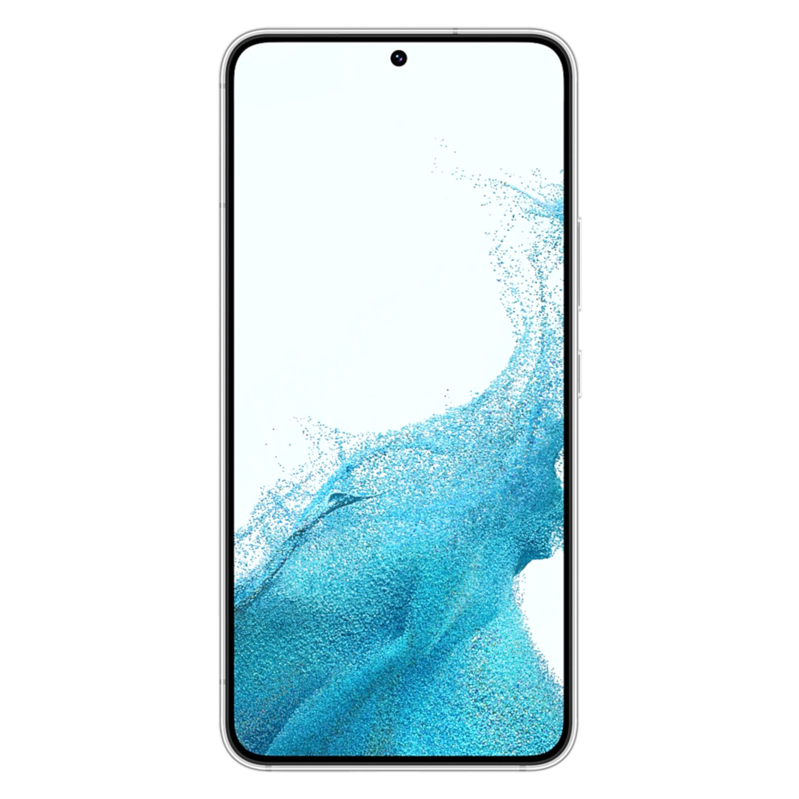 Ein Smartphone mit klarem Bildschirm auf weißem Hintergrund. Der Bildschirm zeigt einen blauen, strukturierten Hintergrund.