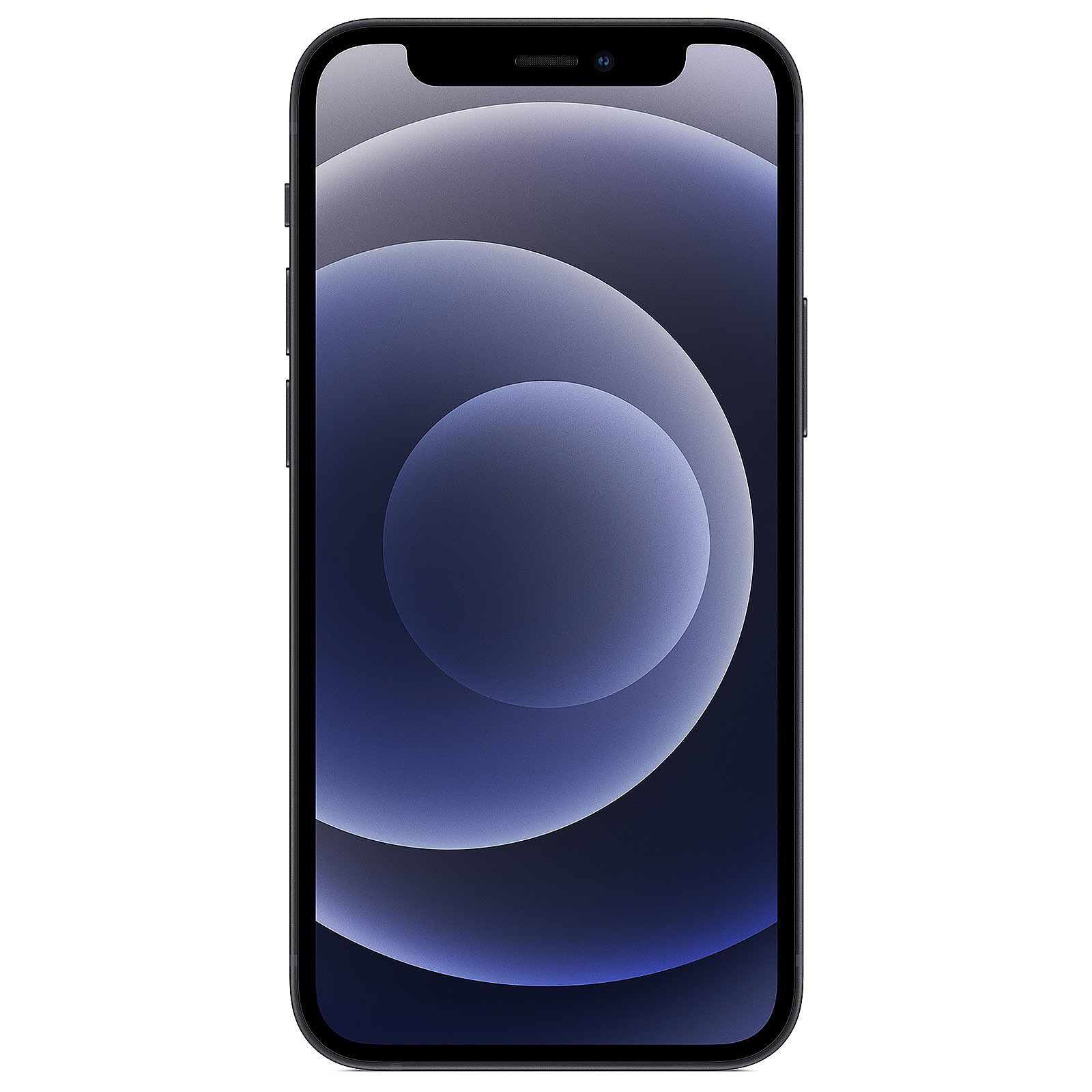 iPhone 12 nero su sfondo bianco. Lo schermo mostra una sfumatura sfocata e astratta.