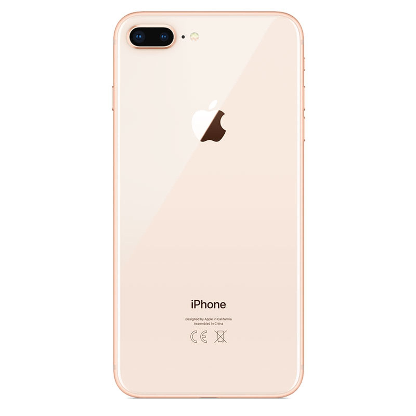 Tył iPhone'a 8 Plus w kolorze różowego złota. Logo Apple jest na środku. Aparat i lampa błyskowa u góry.