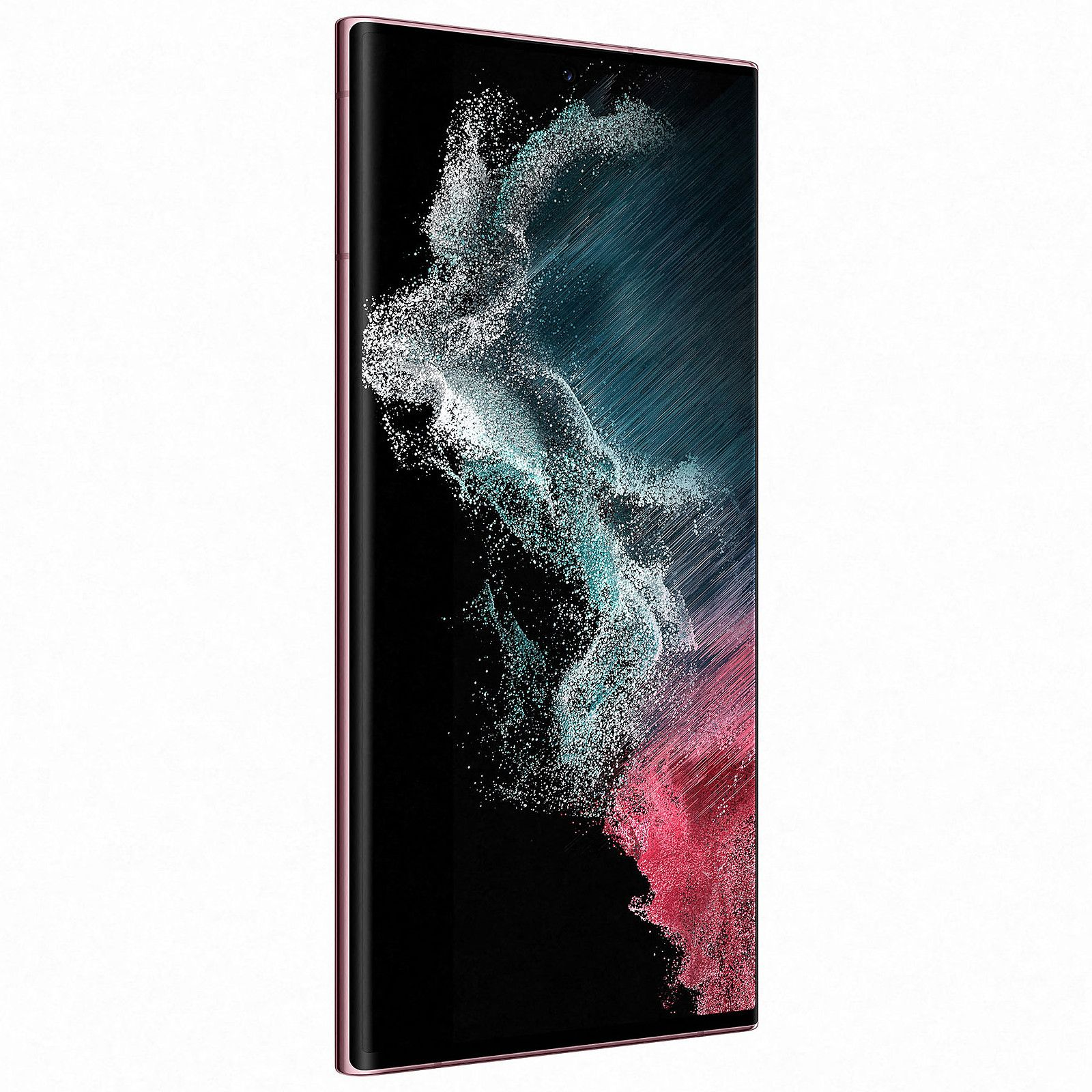 Smartphone, vue latérale, cadre or rose, écran noir avec design abstrait coloré.