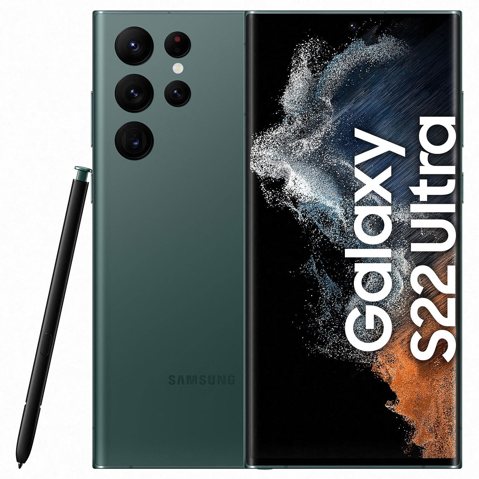 Un Samsung Galaxy S22 Ultra vert avec un stylet. L'écran affiche du texte et un fond orange.