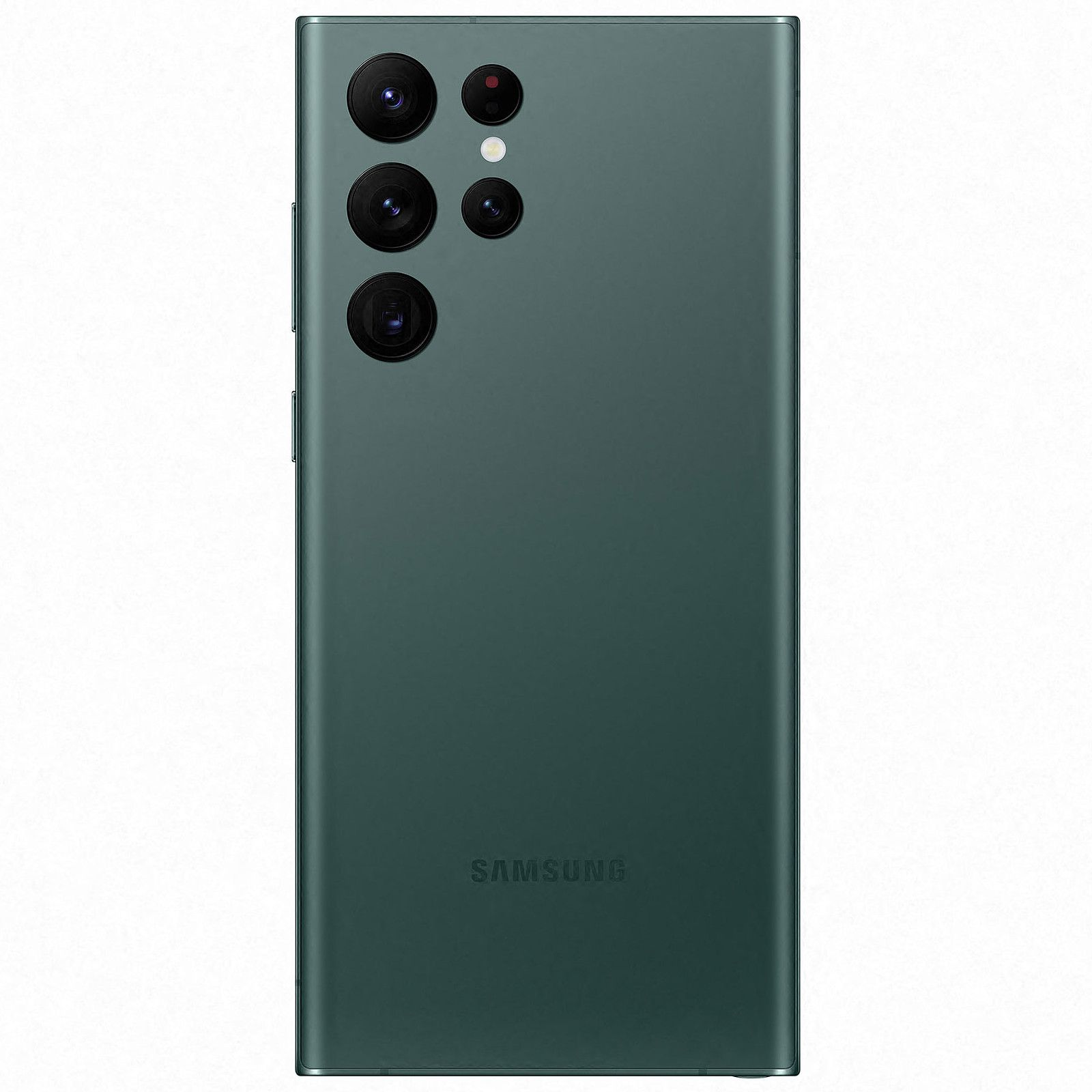 Téléphone vert avec plusieurs caméras. Logo Samsung en bas. Fond blanc.