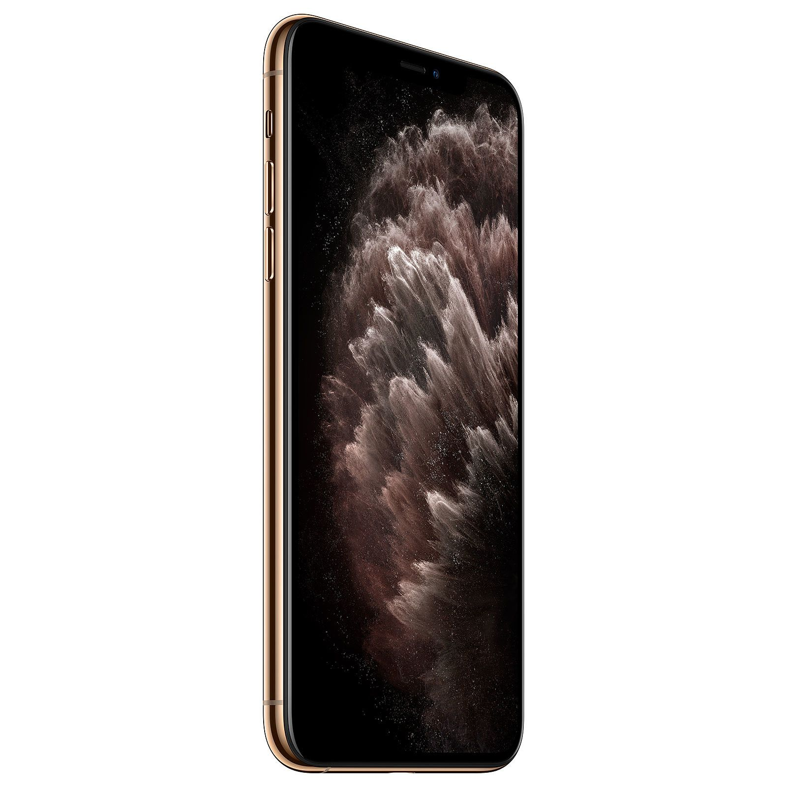 Un iPhone d'oro con schermo nero che mostra un'immagine astratta. Vista laterale del telefono.