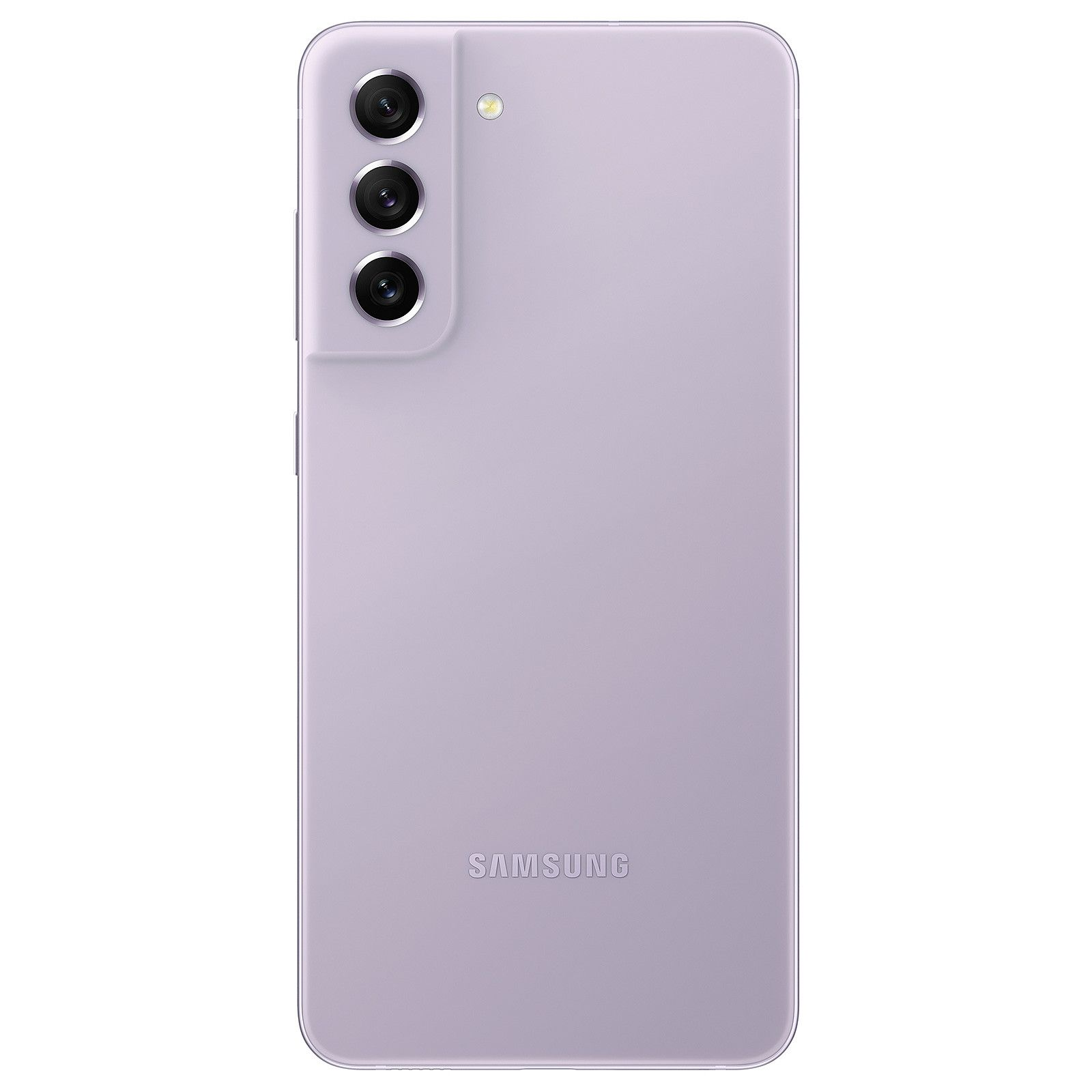 Fioletowy telefon z potrójnym aparatem i logo Samsung.
