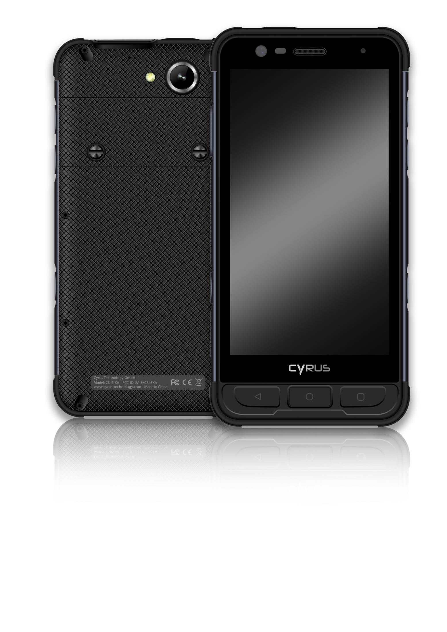 Schwarzes Smartphone mit Vorder- und Rückansicht. Die Rückseite hat ein strukturiertes Muster, die Vorderseite zeigt den Bildschirm.