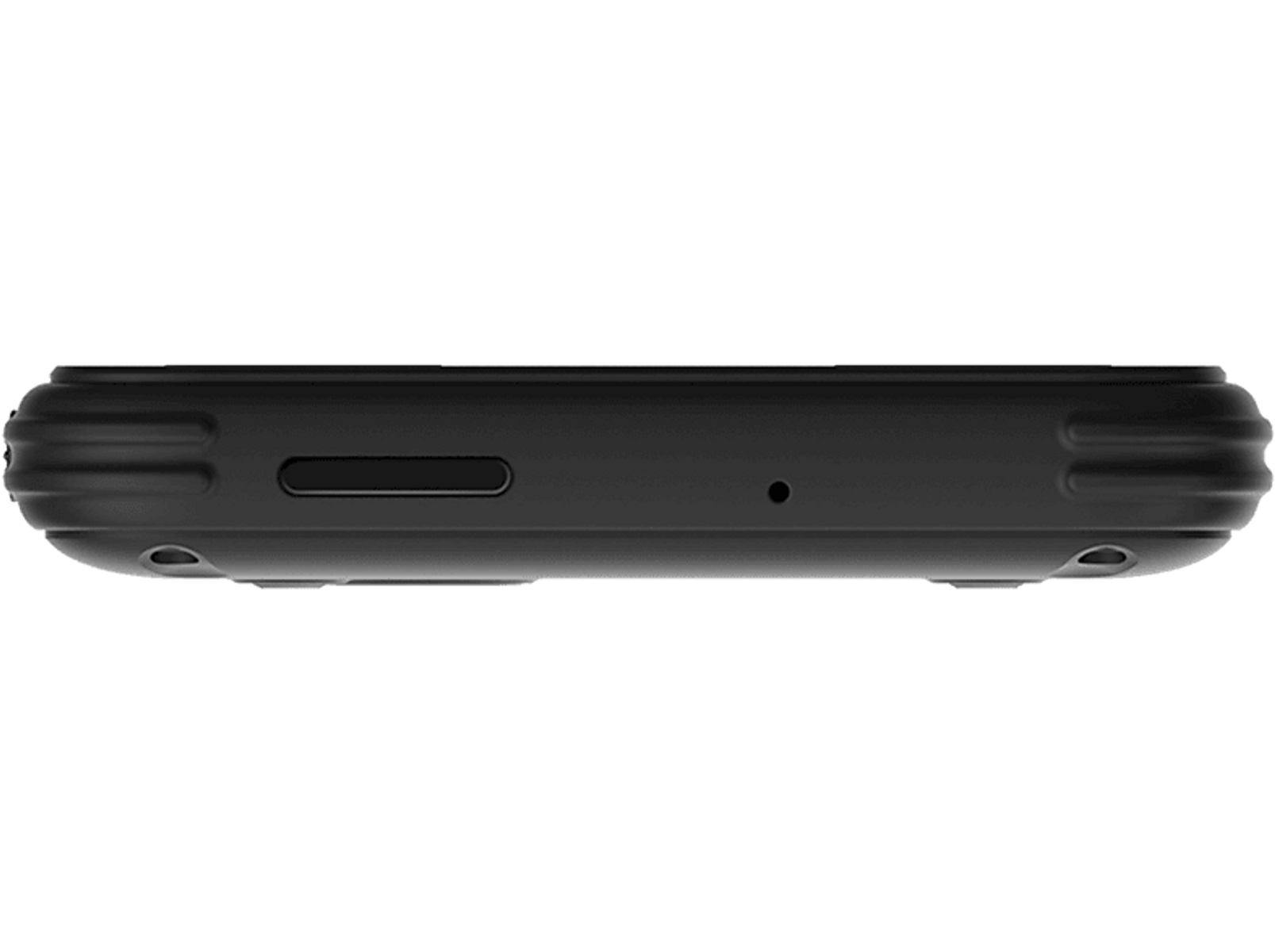 Die Unterkante eines schwarzen Smartphones mit Anschluss und Mikrofonloch. Schwarzer Hintergrund.