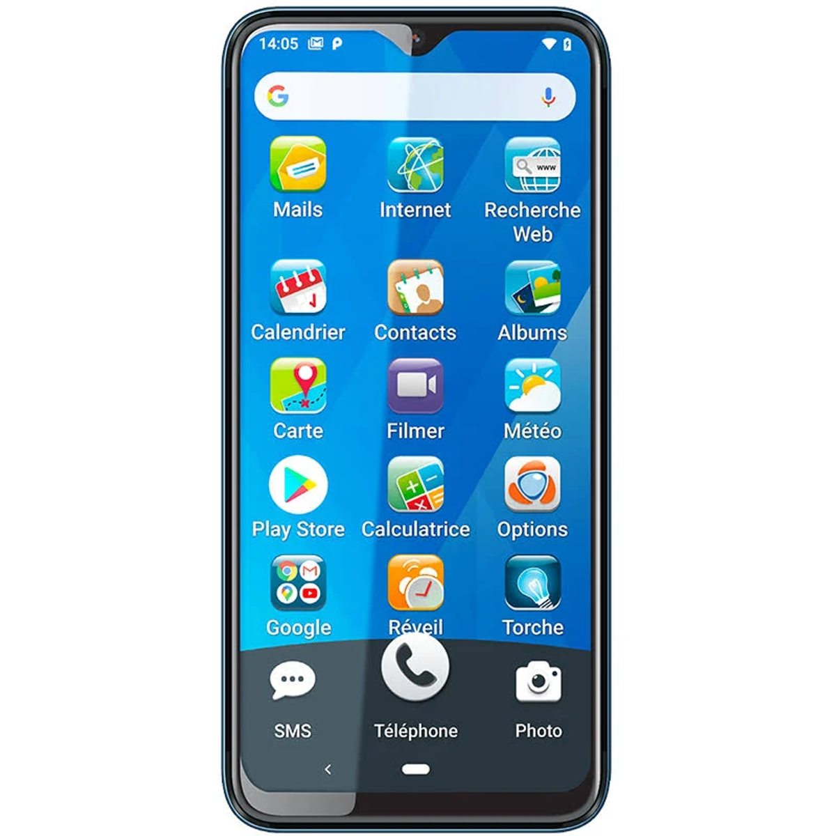 Smartphone noir avec écran bleu affichant des icônes d'applications. L'heure 14h05 est affichée.