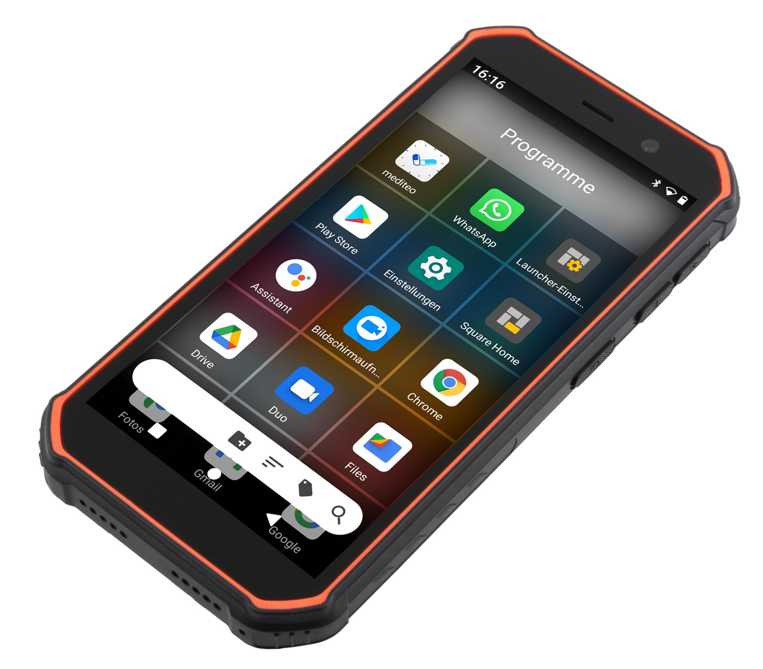 Schwarz-oranges Smartphone. Der Bildschirm zeigt einen Startbildschirm mit App-Symbolen, das Telefon ist nach rechts abgewinkelt.