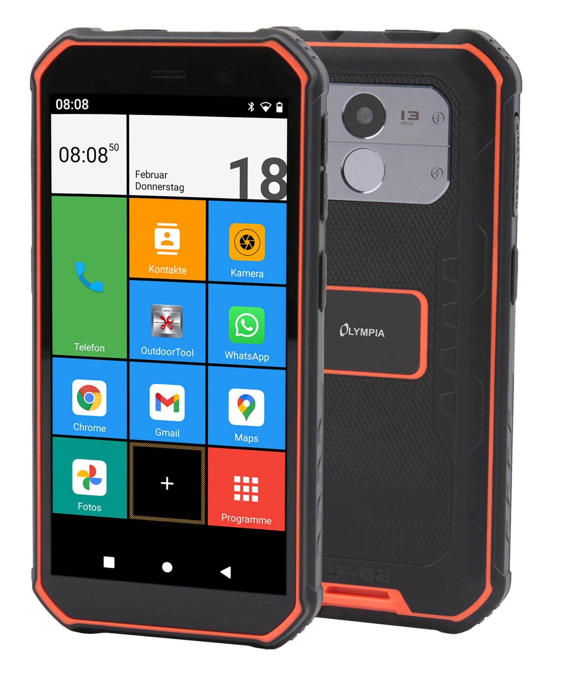 Robustes schwarz-oranges Smartphone. Der Bildschirm zeigt Symbole. Das Telefon befindet sich in einer Schutzhülle.