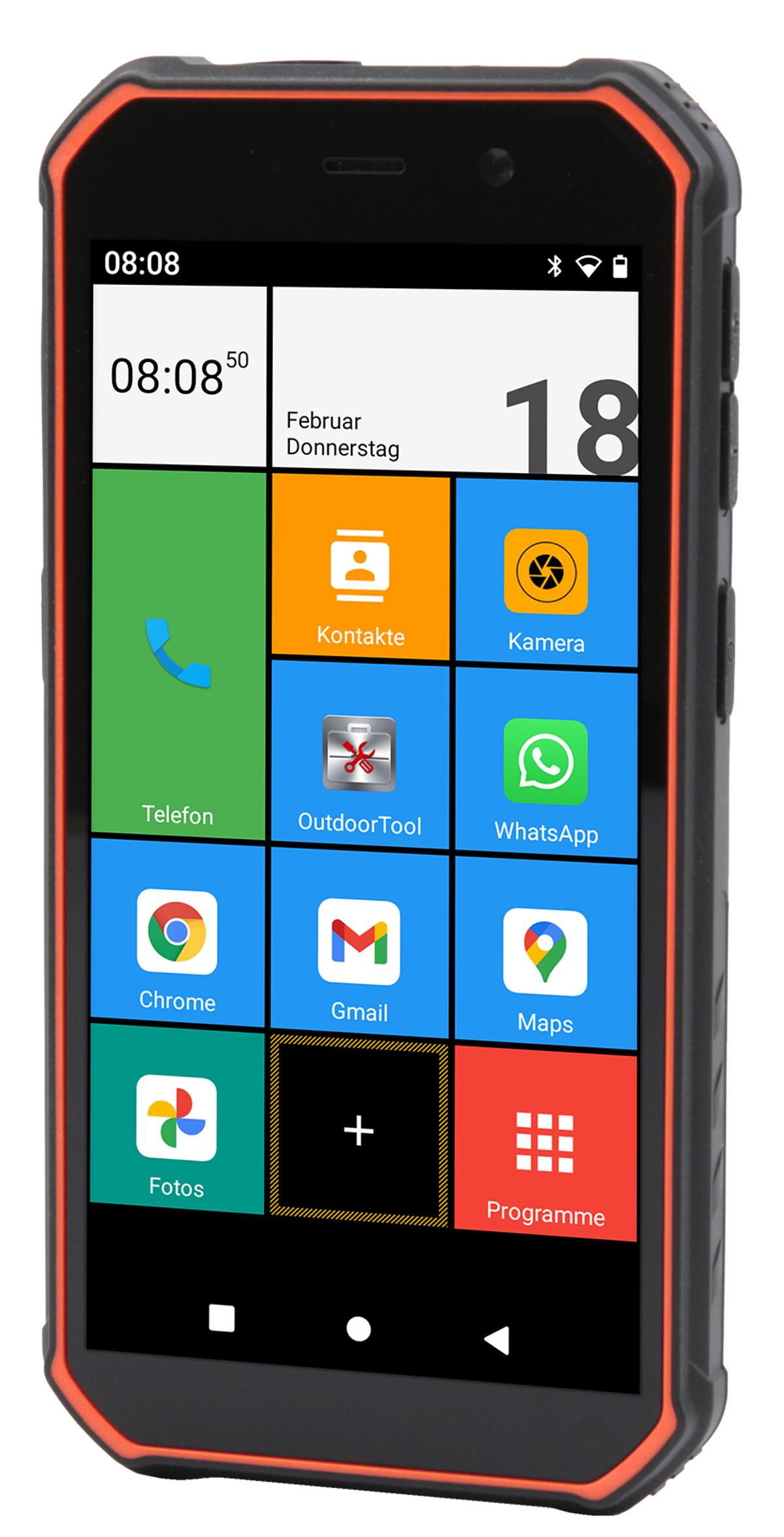 Ein Smartphone zeigt eine farbenfrohe Oberfläche mit App-Symbolen, mit einem schwarz-orangenen Rahmen.