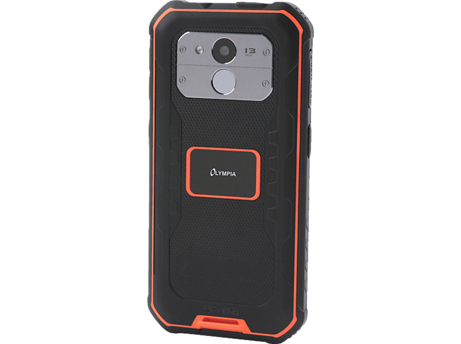 Robustes Smartphone in Schwarz und Orange mit Kamera und Olympia-Logo.