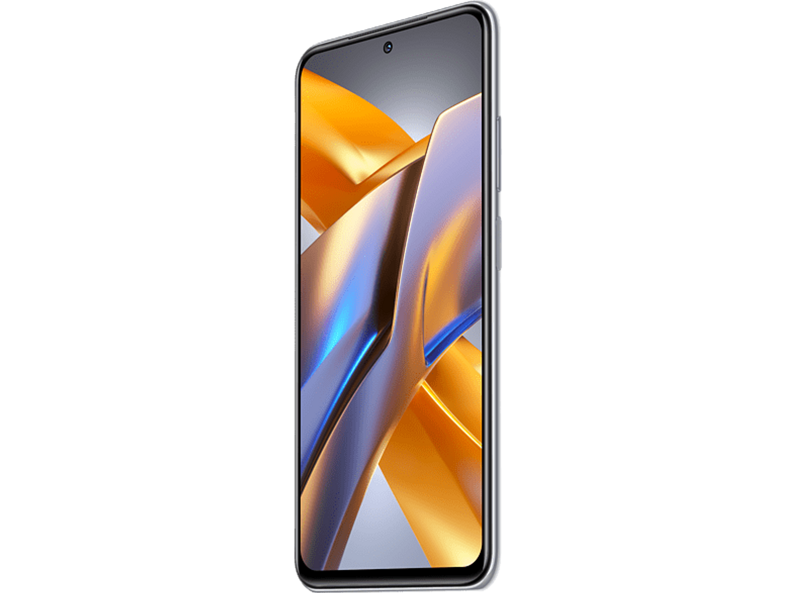 Smartfon w kolorze miętowym, wyświetlający obraz złotych i żółtych kształtów.