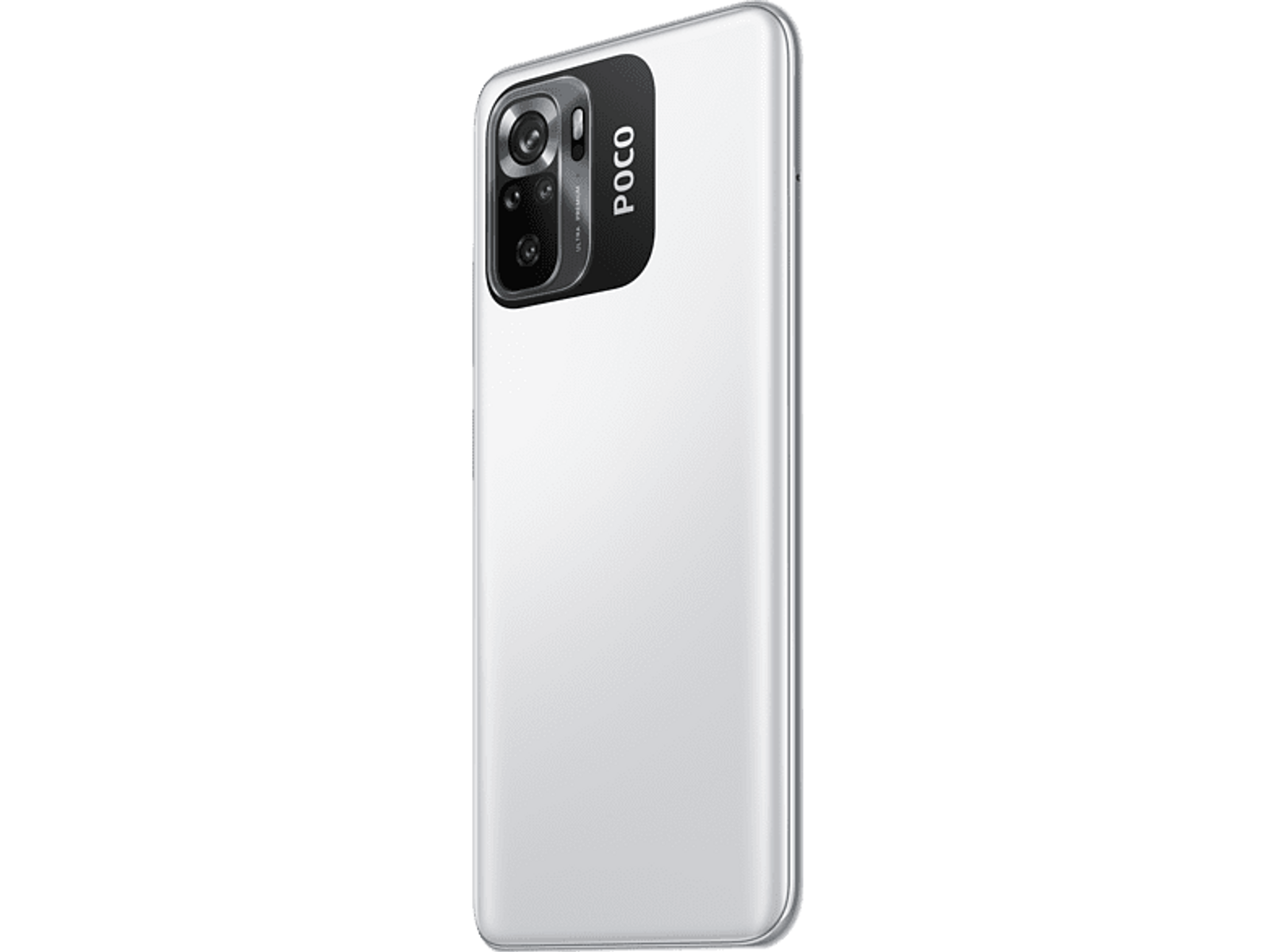 Biały smartfon, widok z tyłu, z modułem kamery i marką Poco.