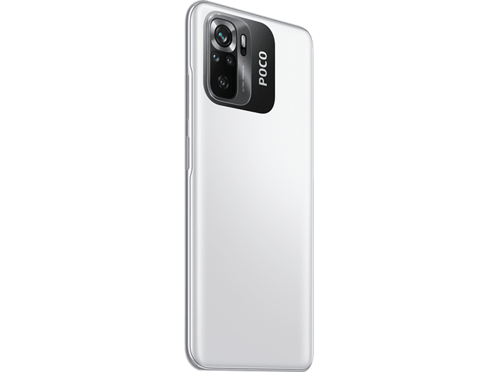 Biały telefon z czarnym aparatem. Widoczne logo POCO. Telefon jest na czarnym tle.