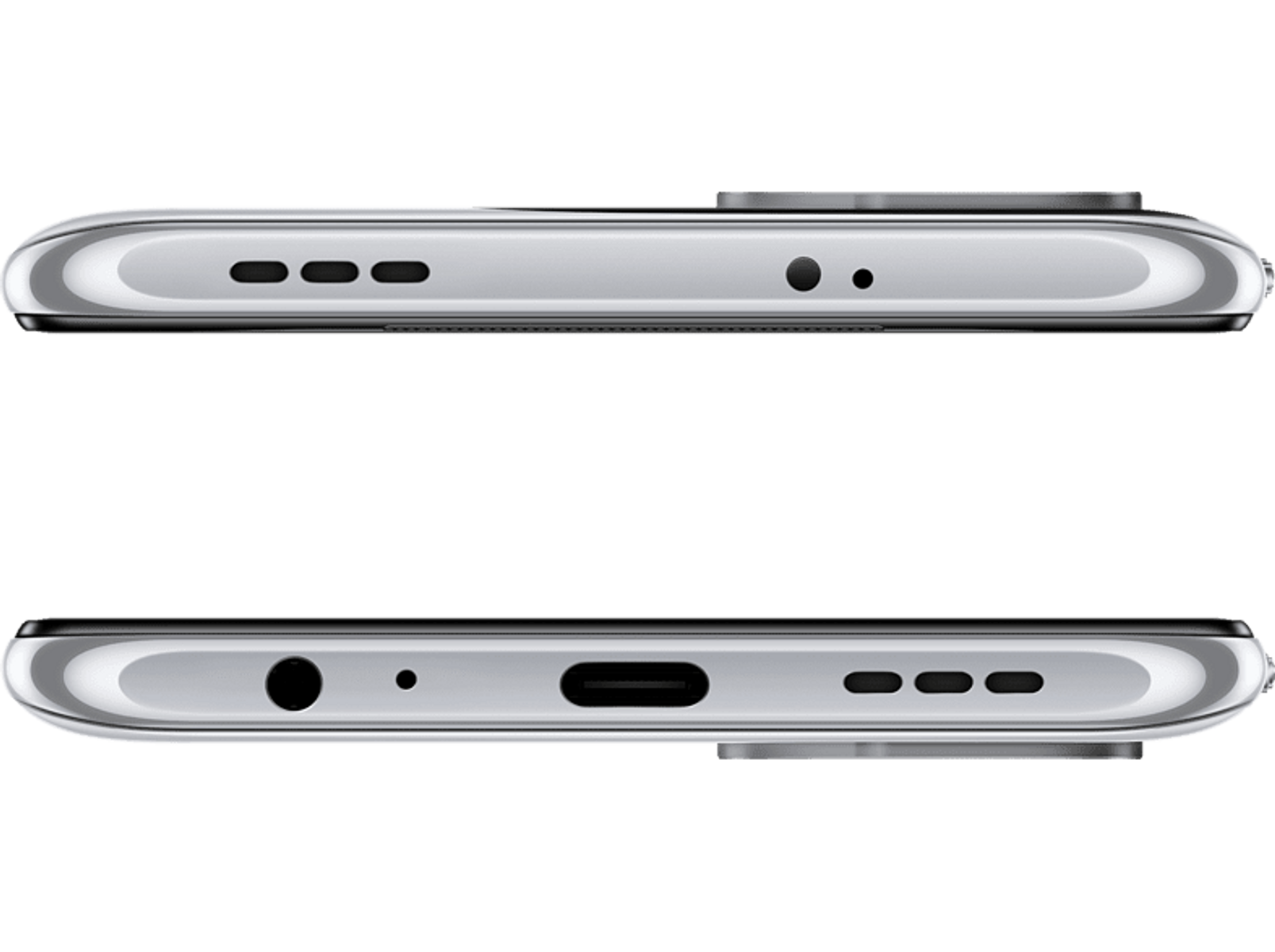 Zbliżenie dolnej i górnej krawędzi białego smartfona na czarnym tle.