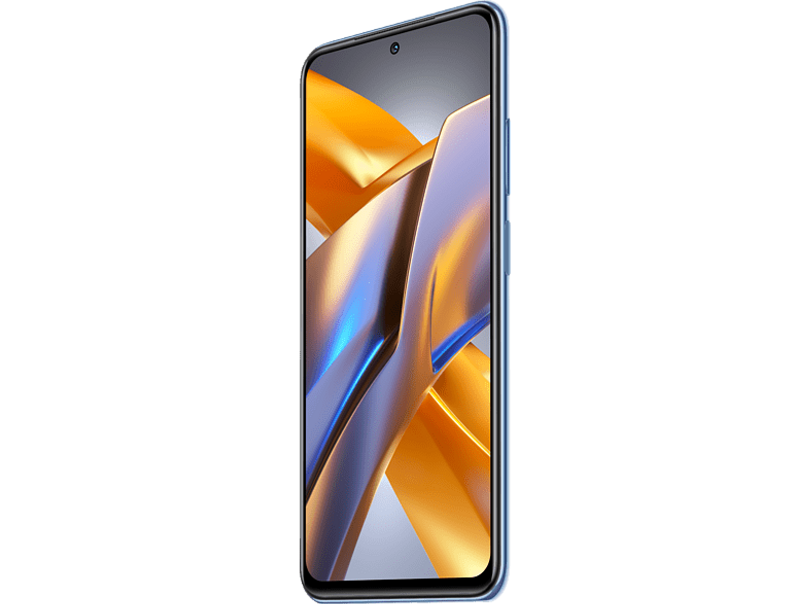 Smartfon, ujęcie pod kątem, niebieska ramka, złote akcenty. Ekran wyświetla abstrakcyjną grafikę.
