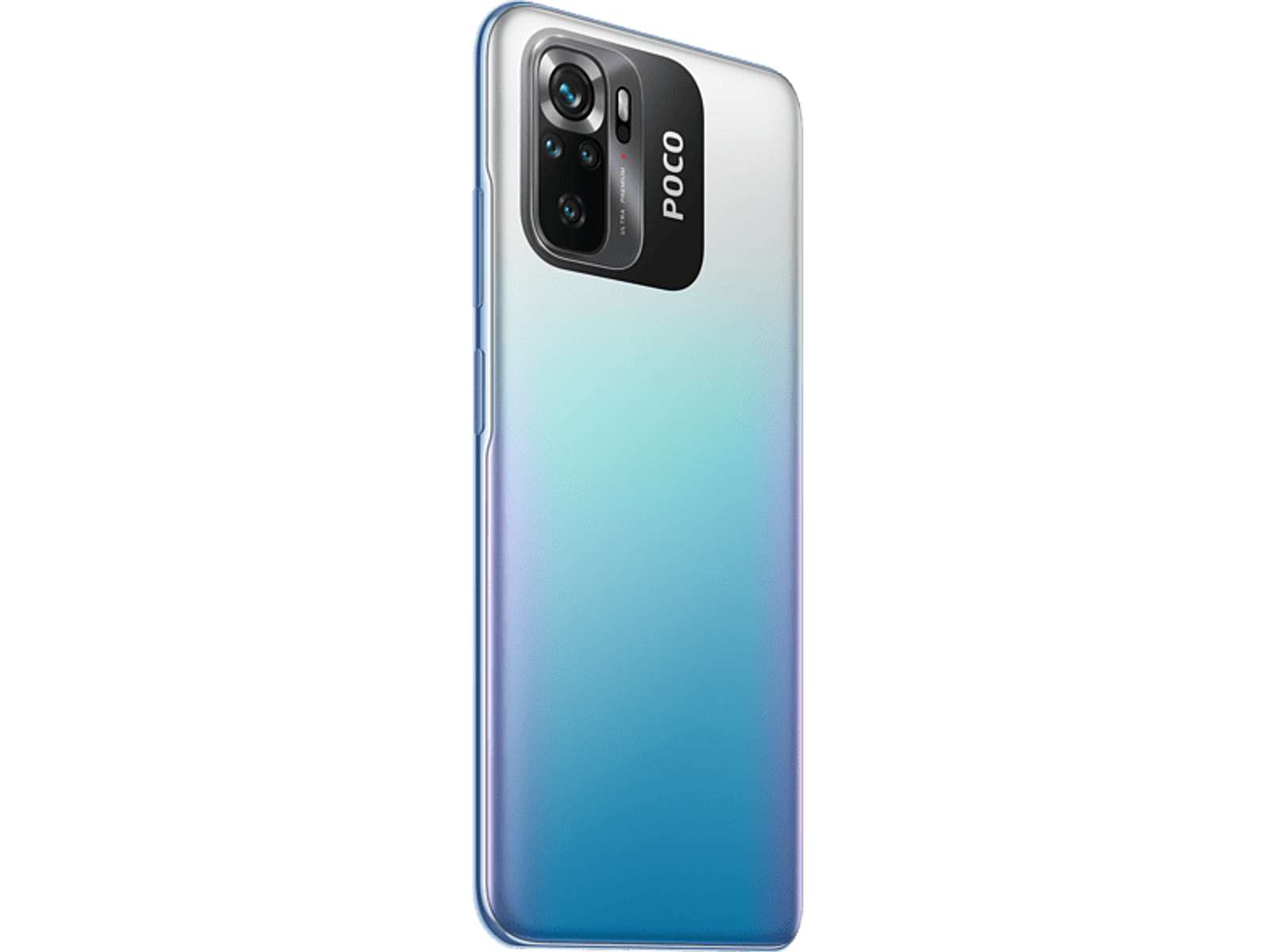 Widok z tyłu telefonu, gradient niebiesko-biały, ze szczegółami aparatu i logo Poco.