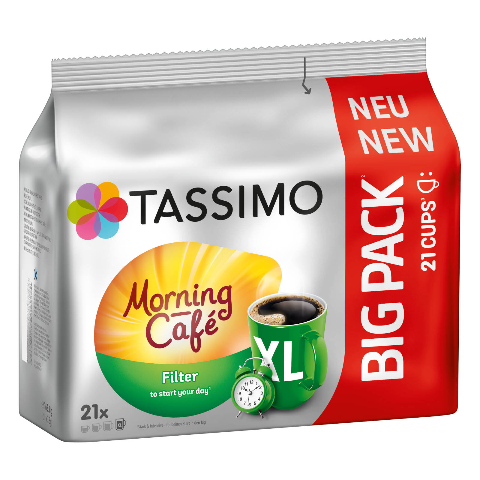 Tassimo Morning Cafe Kaffeepackung. Mit Kaffeetasse und Wecker, Text 'Big Pack'.