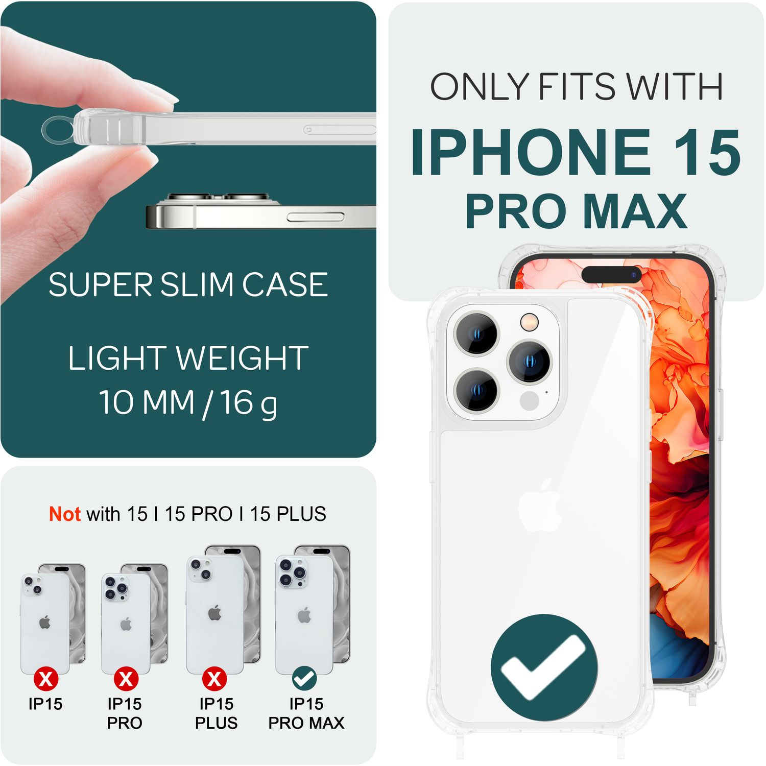 Transparente Handyhülle mit Text: Super Slim Case, Light Weight. Zeigt nur iPhone 15 Pro Max.