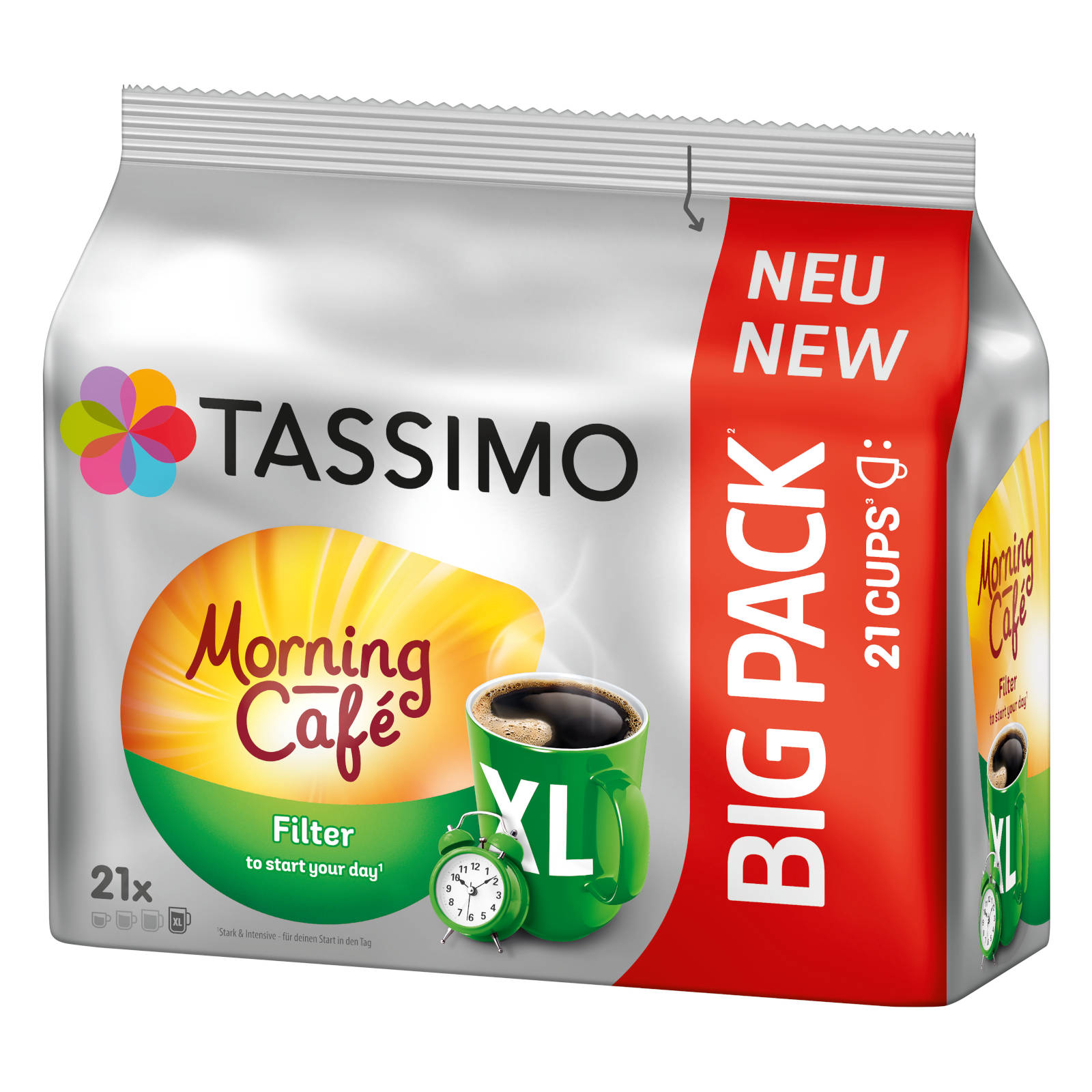 Tassimo Morning Cafe Kaffeepackung mit einer grünen Tasse und einem Wecker.