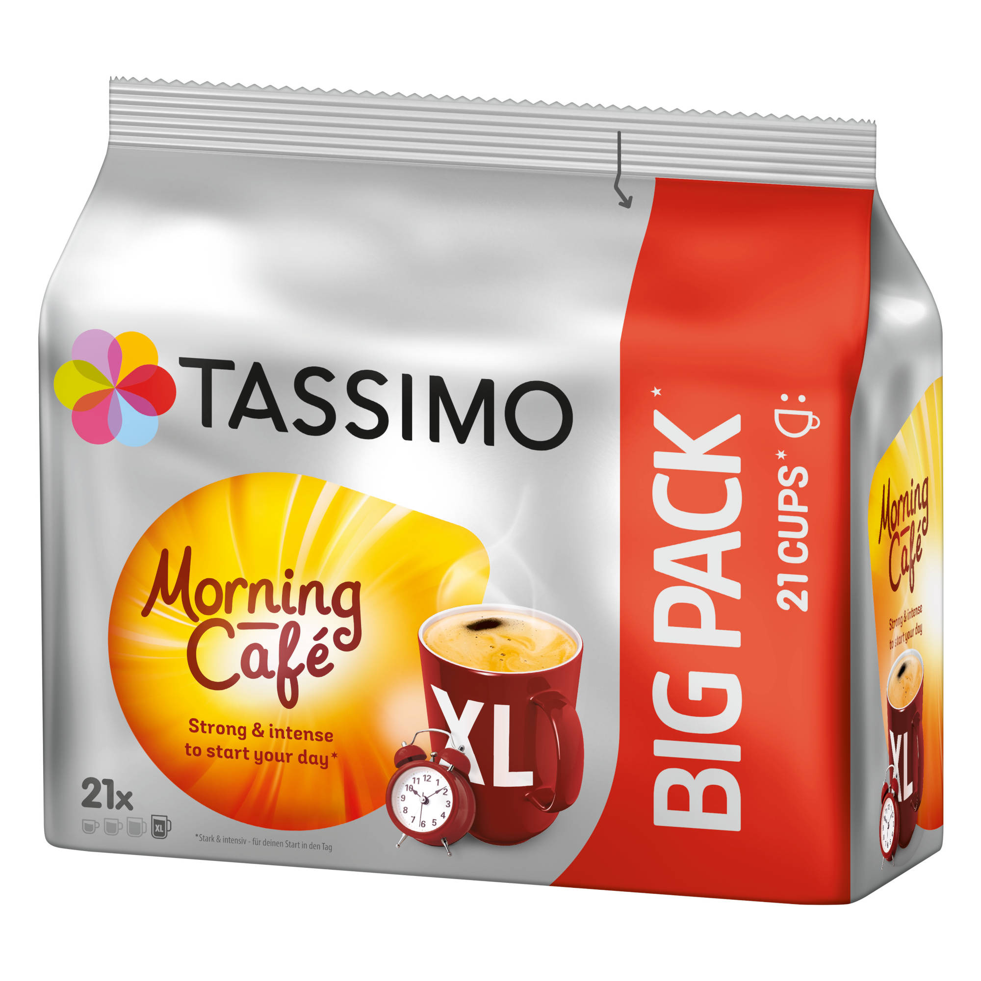 Ein Tassimo Big Pack, 21 Tassen, mit einer Kaffeetasse, einem Wecker und den Worten 'Morning Café'.