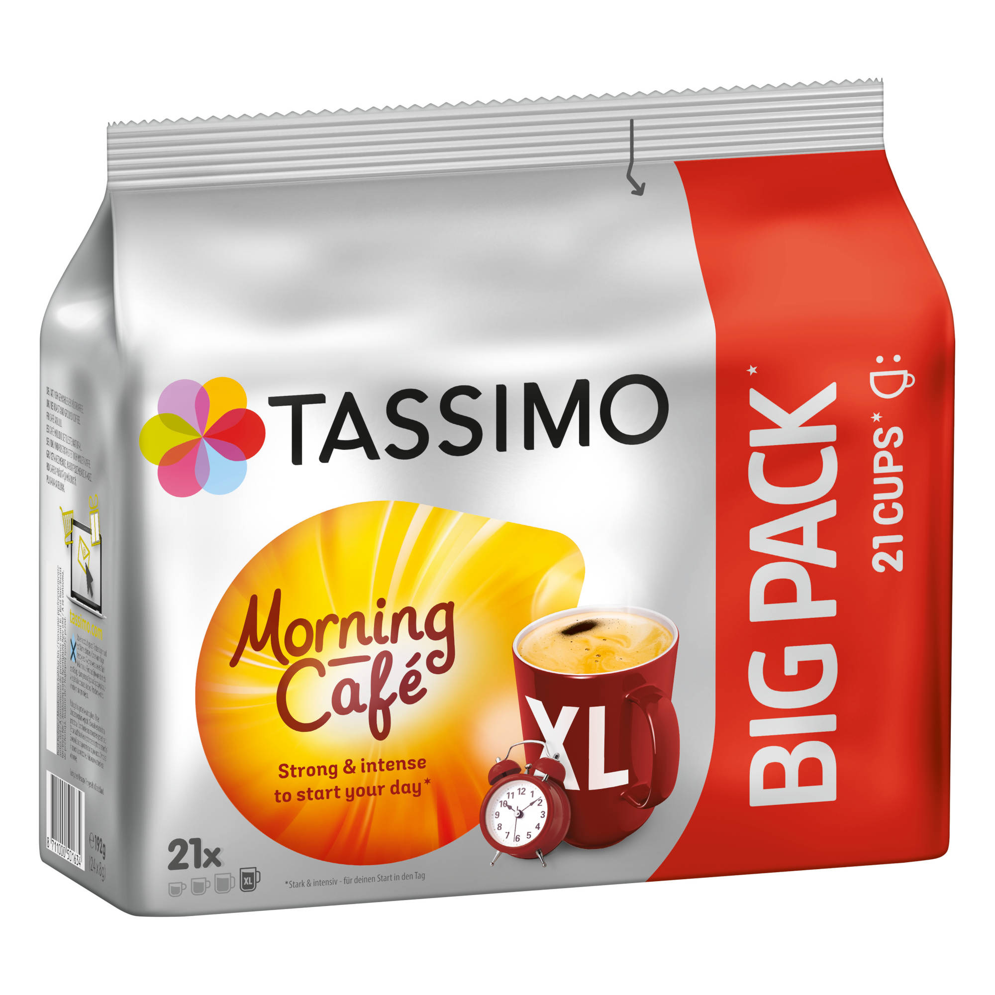 Tassimo Kaffeepads-Packung, hauptsächlich silber und rot, mit Kaffeetassenbild und rotem Wecker.
