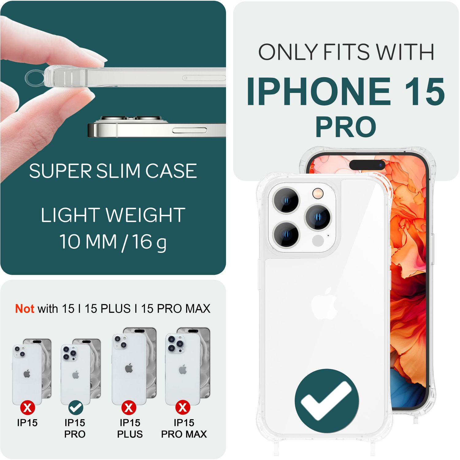 Eine Handyhülle mit einem Telefon darin und Text, der die Kompatibilität mit 'iPhone 15 Pro' angibt.