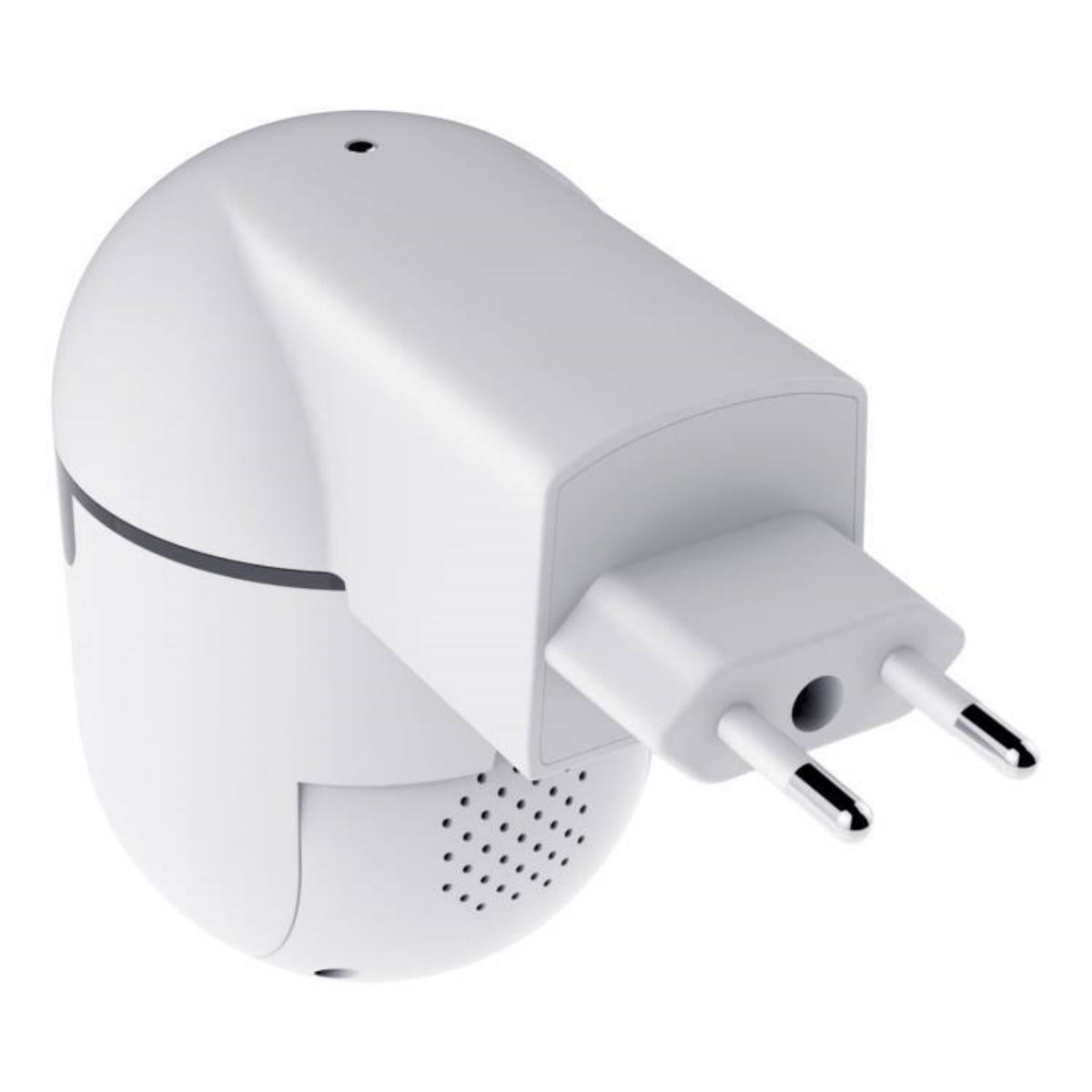 Eine weiße Plug-in-Sicherheitskamera mit einem europäischen Stecker.