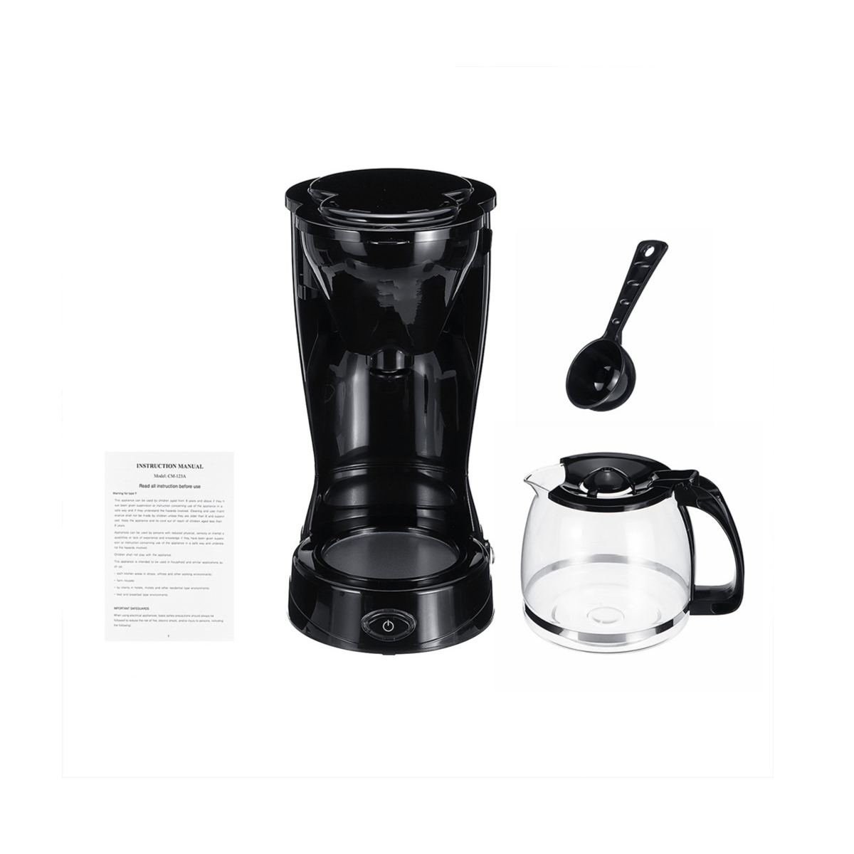 Schwarzer Kaffeemaschine mit transparenter Karaffe, einem Messlöffel und einer Bedienungsanleitung.