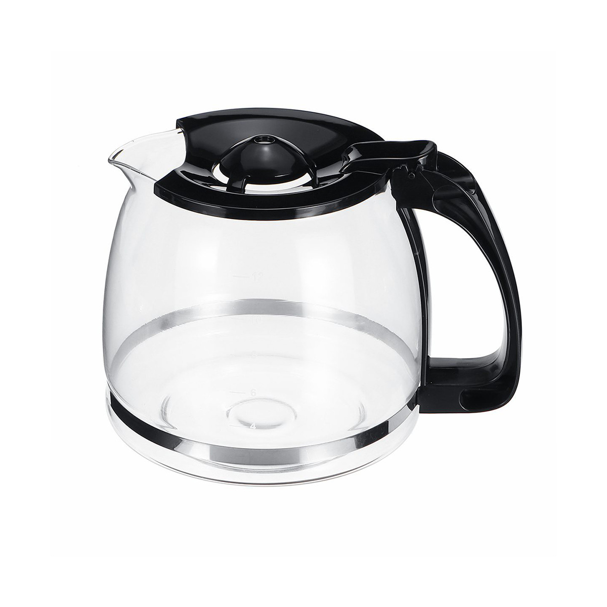 Glaskaffeekanne mit schwarzem Deckel und Griff, vor weißem Hintergrund, zeigt interne Maße.