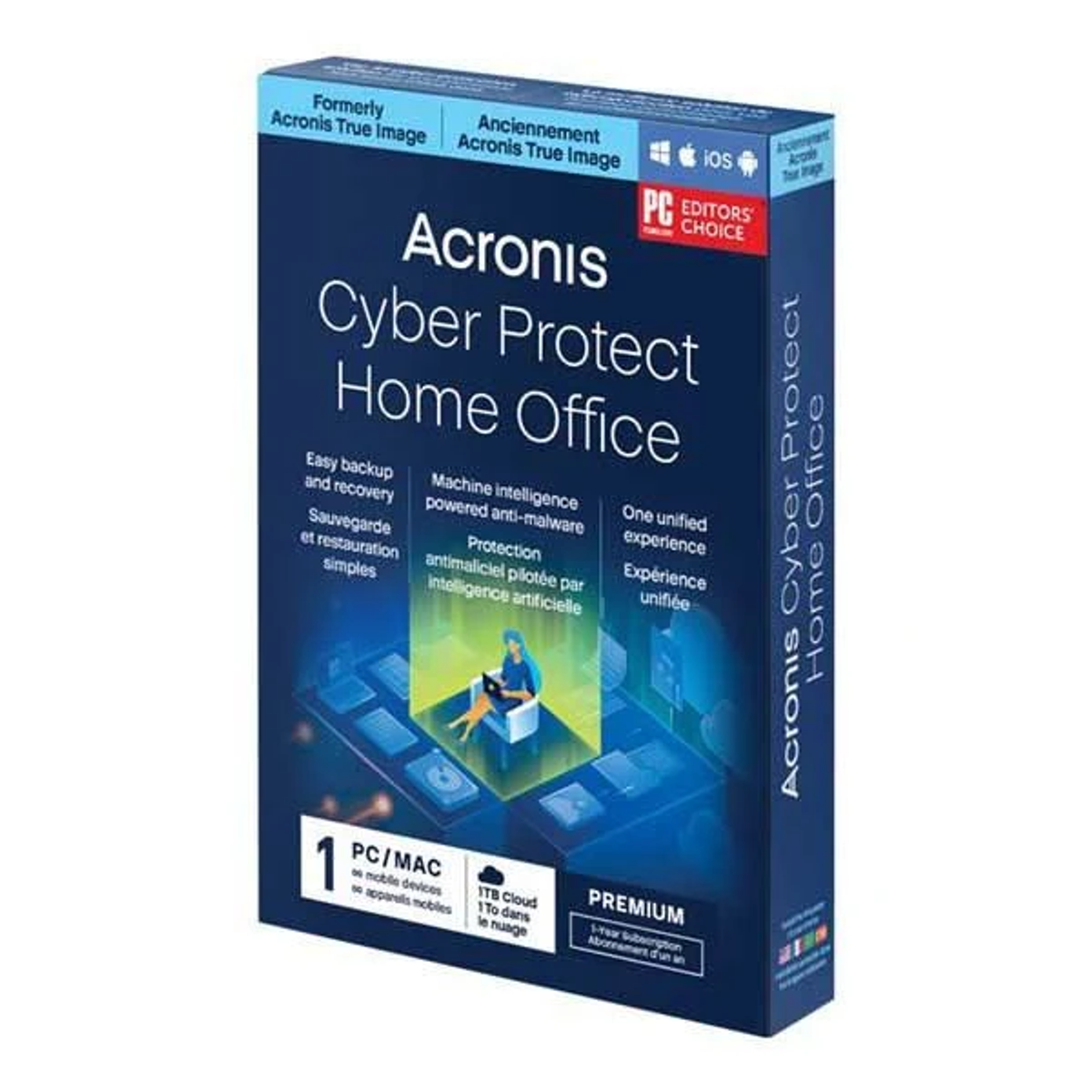 La scatola Acronis Cyber Protect Home Office, blu, con testo e immagini.