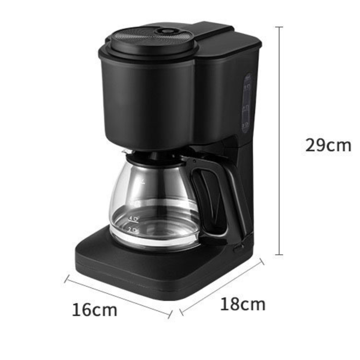 Schwarze Kaffeemaschine mit Glaskaraffe und Größenangaben.