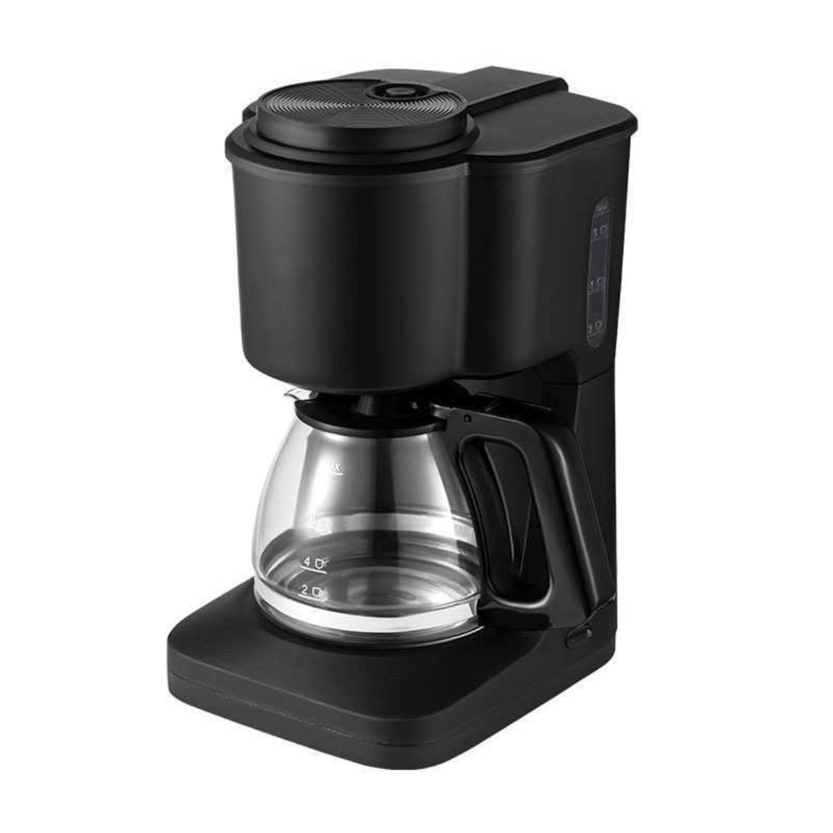 Schwarze Kaffeemaschine mit einer Glaskaraffe. Die Karaffe zeigt Wasserstandmarkierungen und einen Griff.