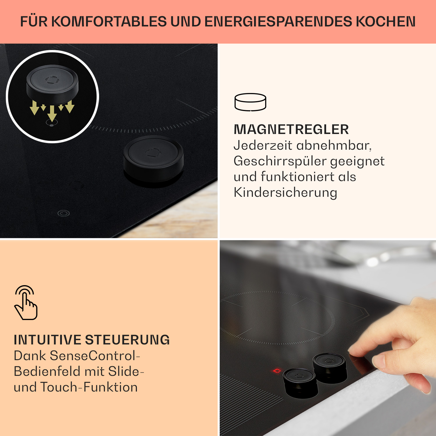 Nahaufnahme eines Induktionskochfelds mit Bedienelementen.
