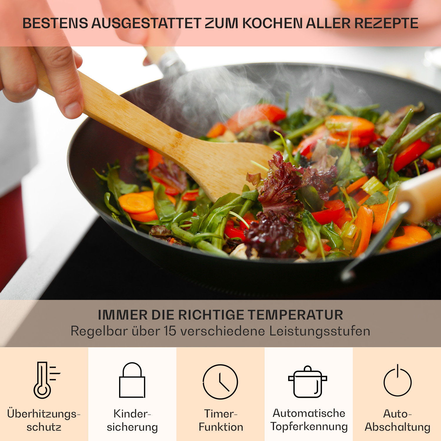Eine Pfanne mit Essen, das gekocht wird. Dampf steigt auf. Text sagt: 'am besten für alle Rezepte'.