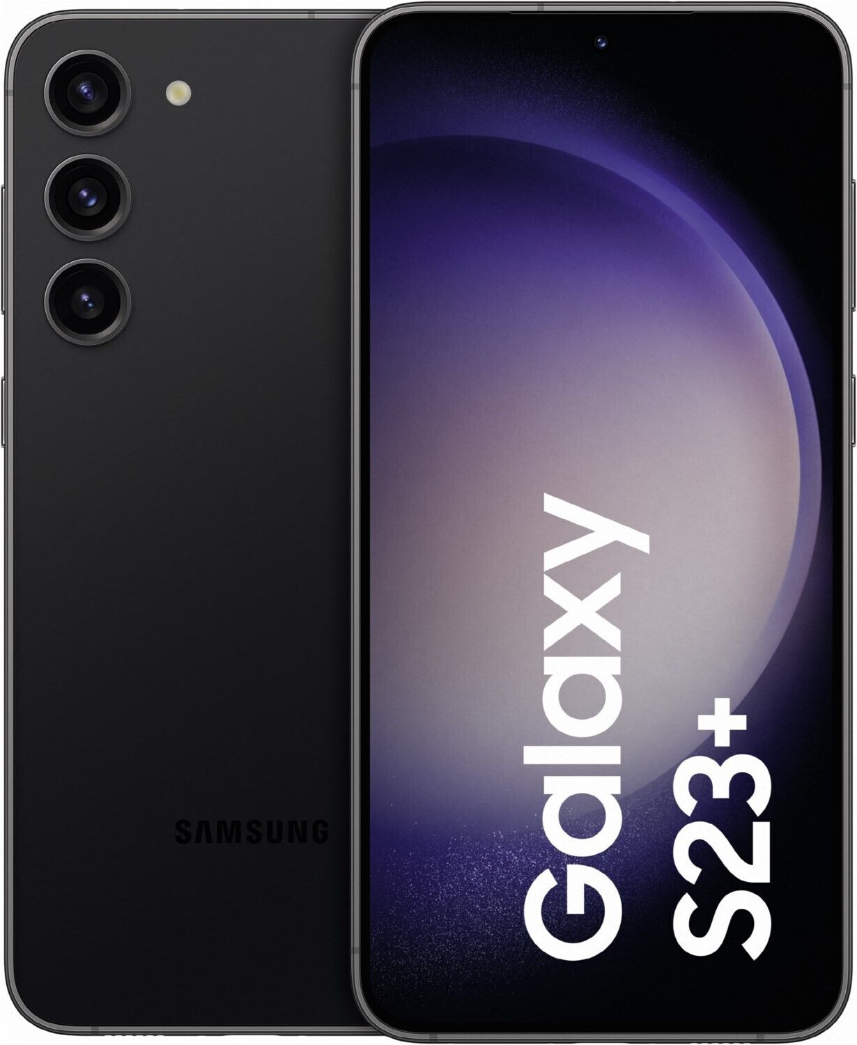 Schwarzes Samsung Galaxy S23+ Telefon mit drei Rückkameras, weißer Hintergrund.