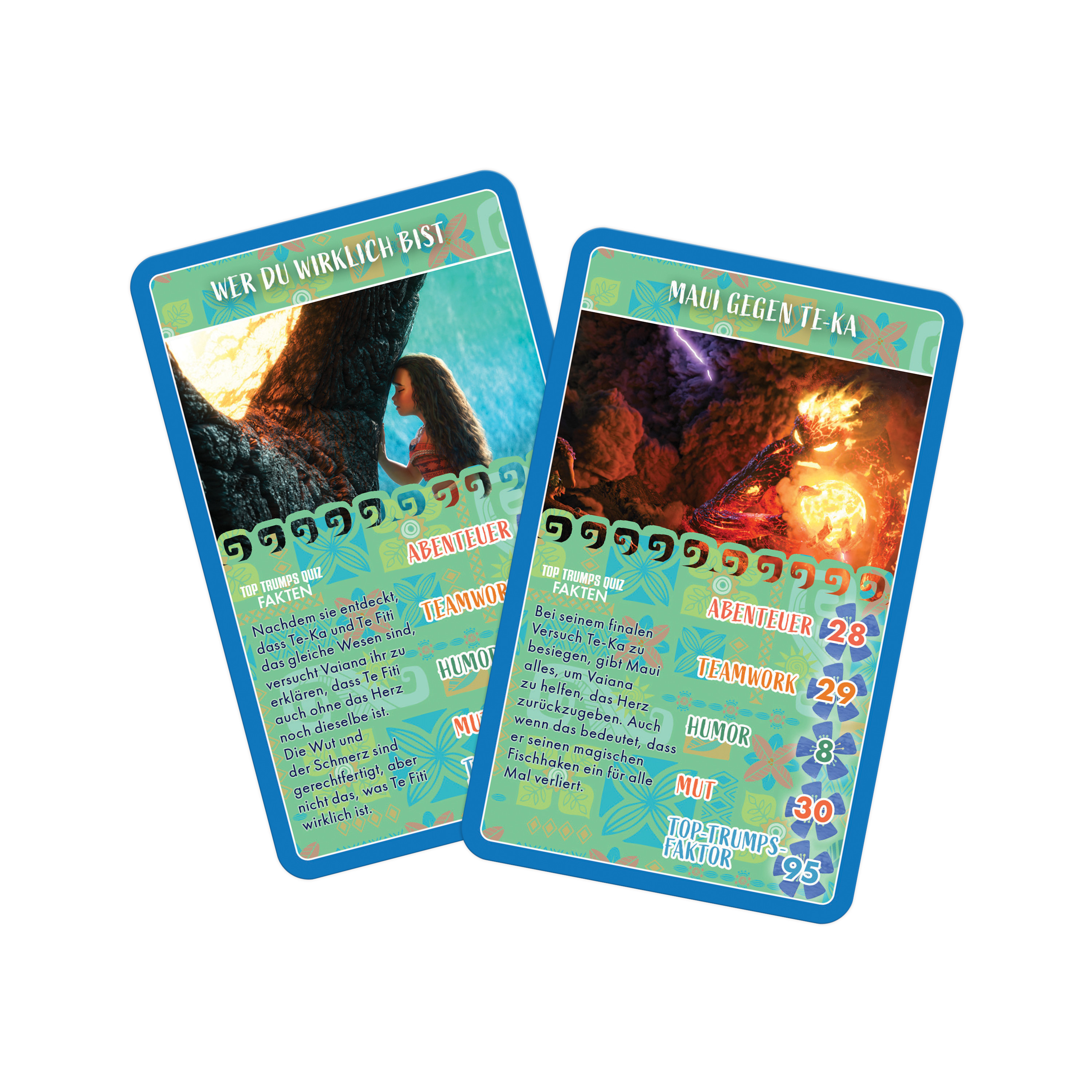Zwei Top Trumps Karten mit Text und Bildern, mit Zeichentrickfiguren.