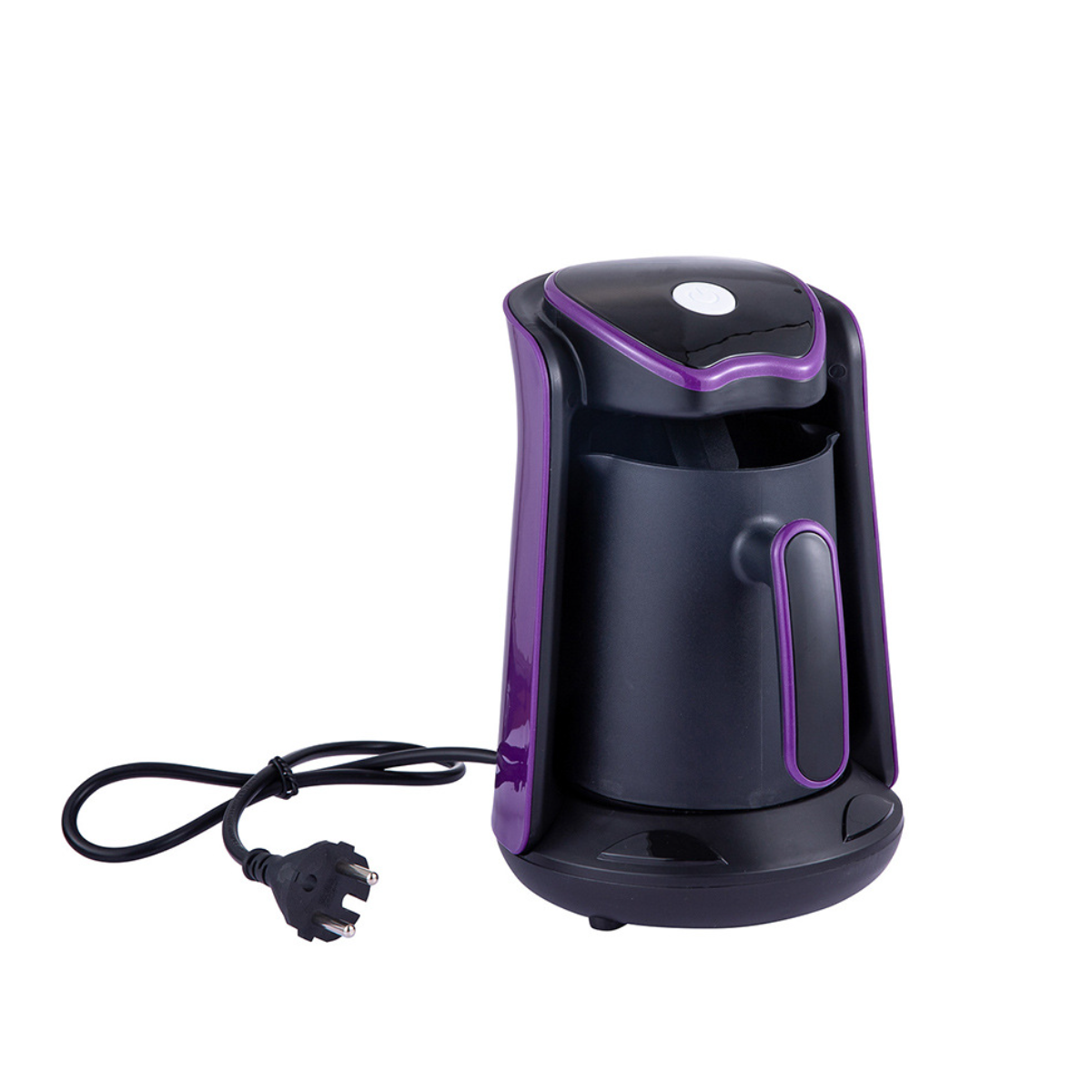 Eine schwarz-violette Kaffeemaschine mit sichtbarem Netzkabel.