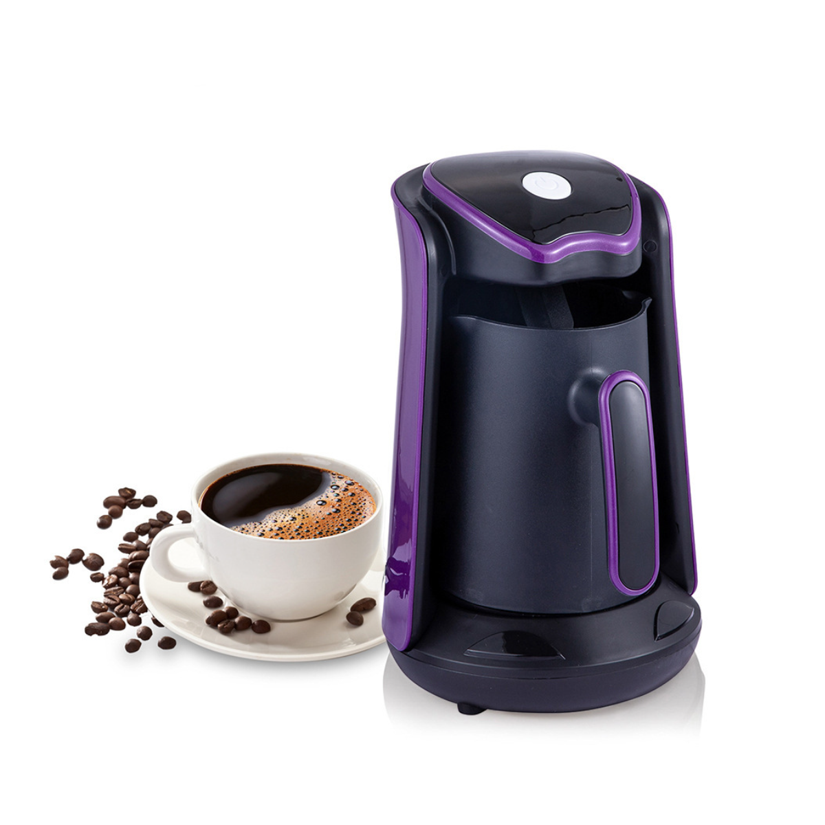 Kaffeemaschine mit einer Tasse Kaffee und Kaffeebohnen an der Seite. Weißer Hintergrund, lila Akzente.